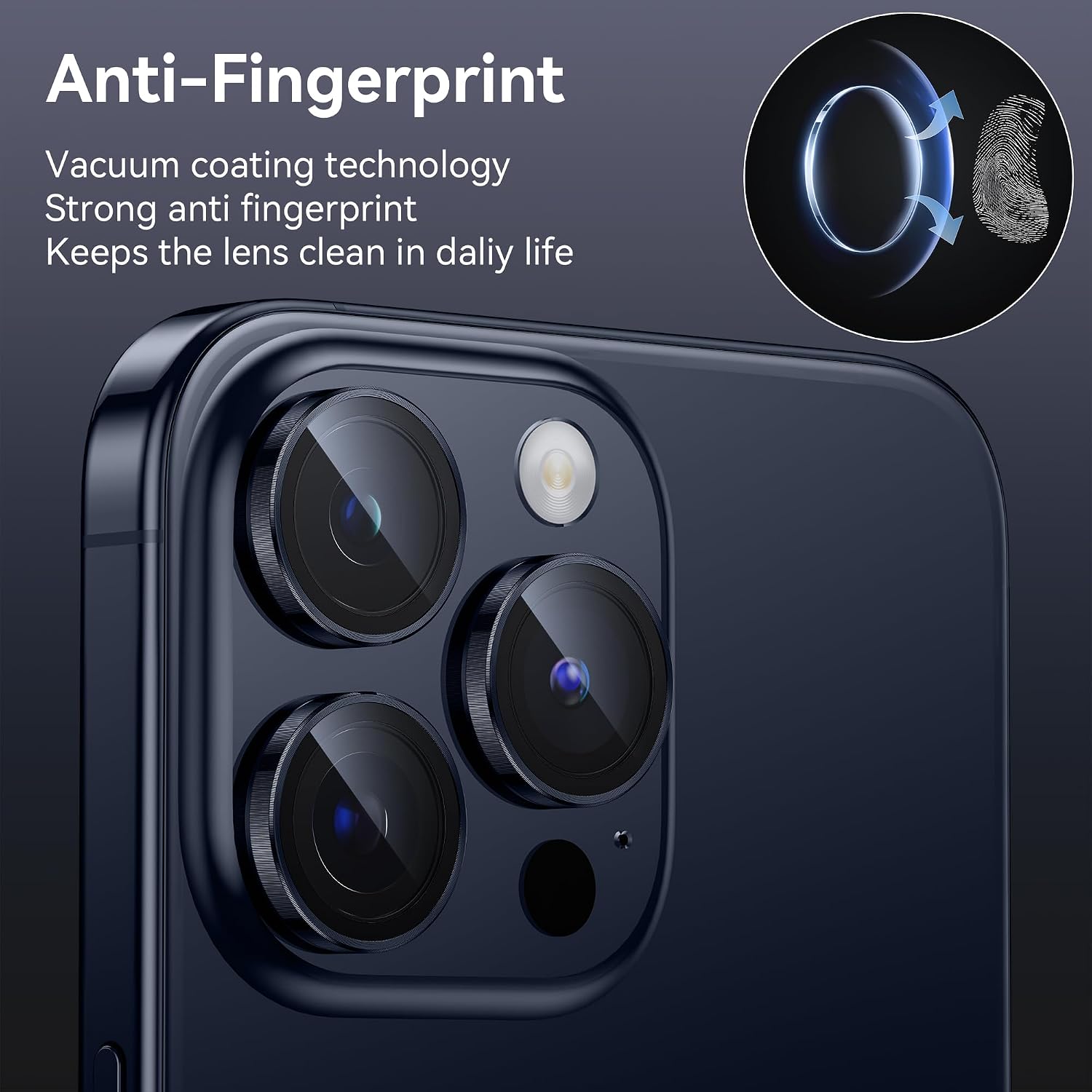 Detalle 2 de WSKEN Kameraschutz für iPhone 15 Pro Max/Pro – 9H Härte, Blasenfrei, Aluminium-Ring, Blendschutz, blaues Titanium