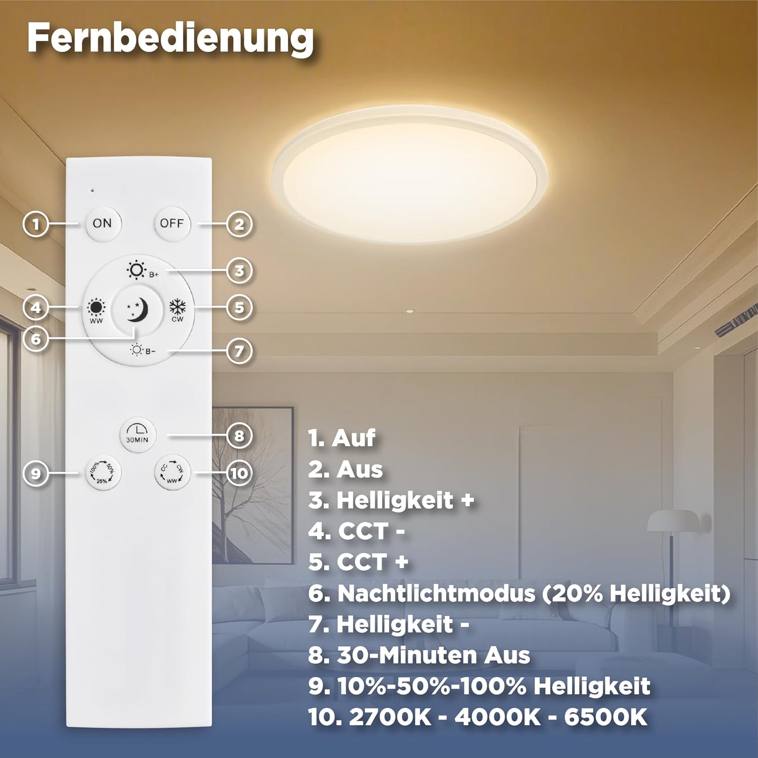 Thumbnail 3 de L5L3D Deckenlampe LED mit Fernbedienung – 42 cm, IP44, 2700K/4000K/6500K, 22W, 2900 lm