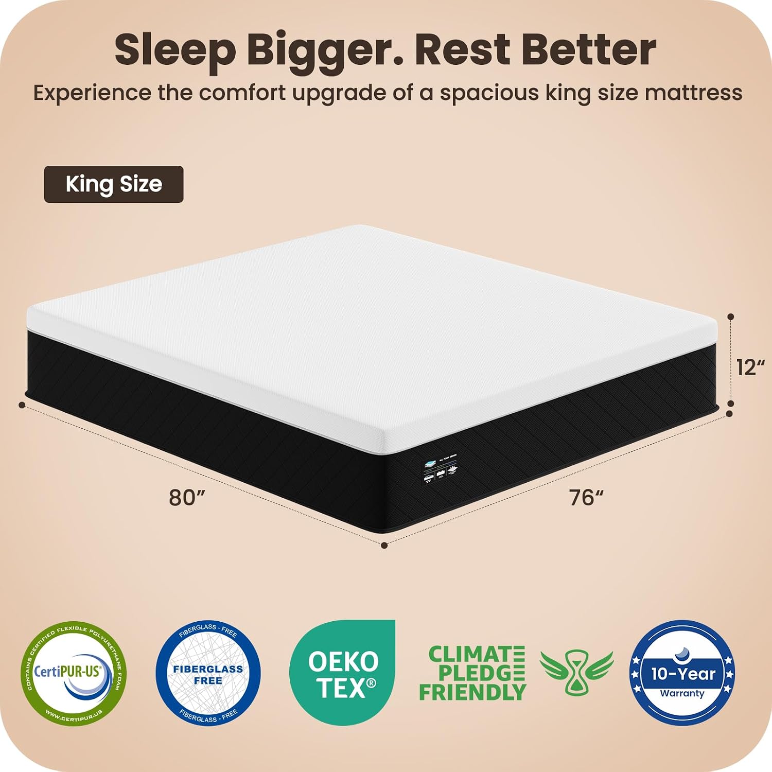 Detalle 2 de SLEEP100 Extra Firm King Mattress, 12-Inch Gel Memory Foam, Fiberglass-Free