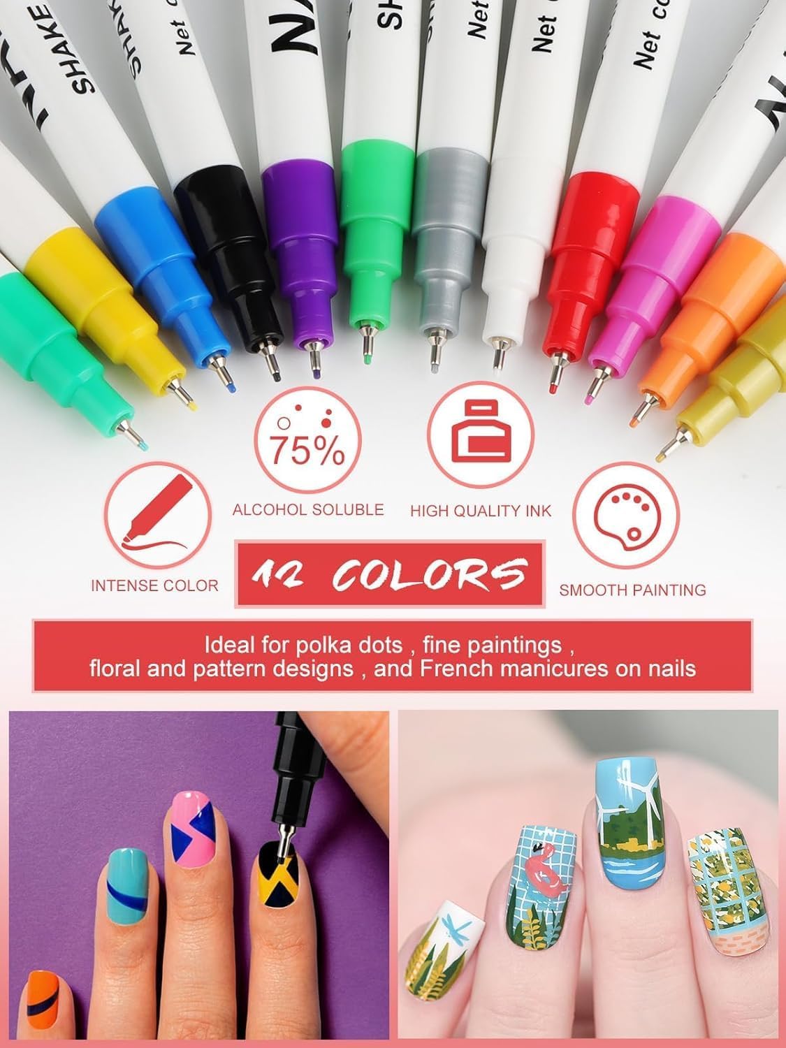 Detalle de Kalolary Nail Art Pens, 0.5 mm, 12 Colours for DIY Nail Designs