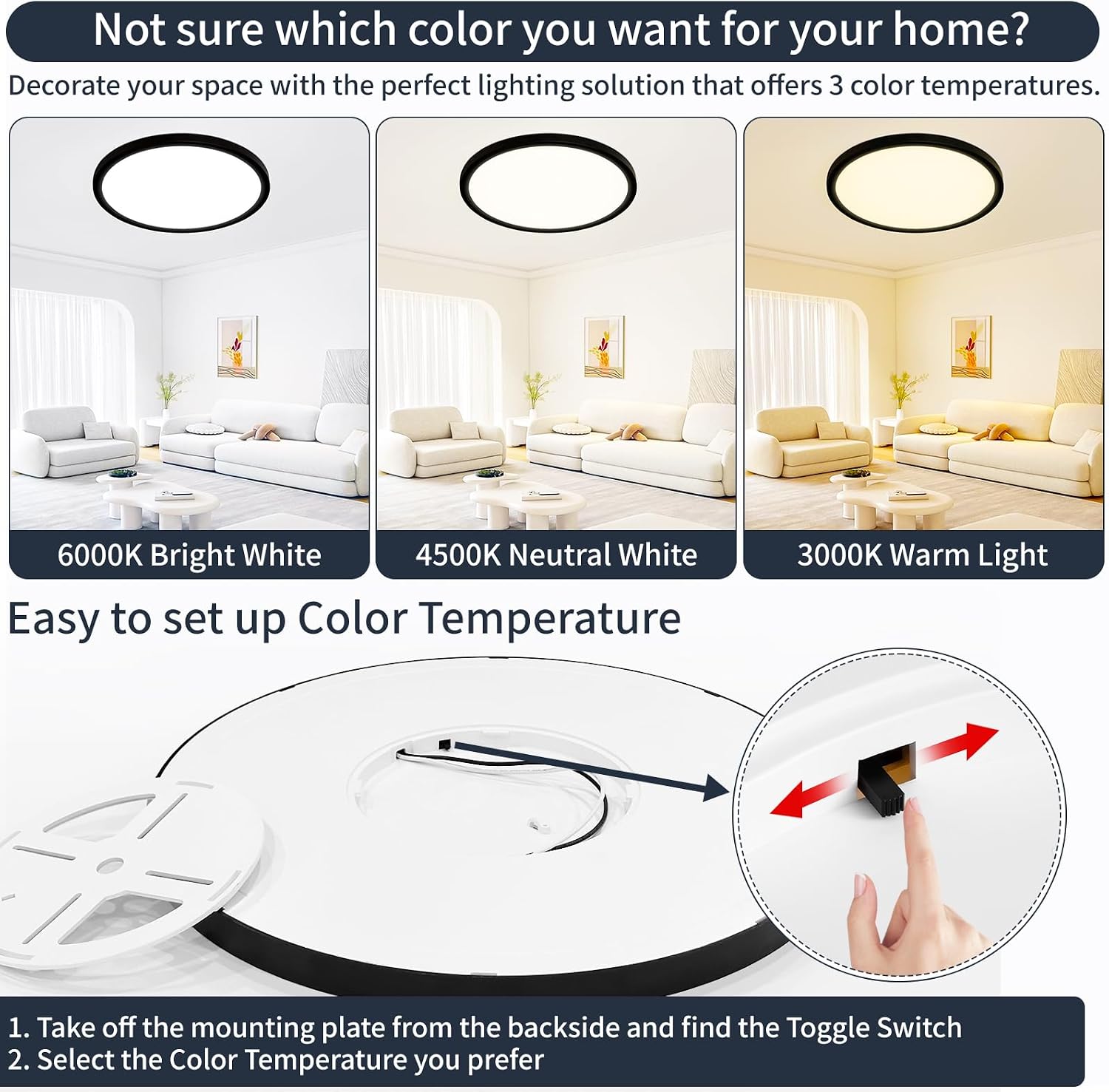 Detalle de KIWIVIC LT0108-BMGT-T01 20-Inch Flush-Mount LED Ceiling Light, Dimmable