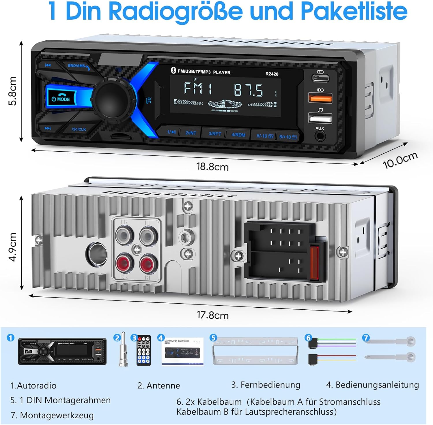 Thumbnail 5 de CENXINY RDS 1-DIN Bluetooth Autoradio mit Bluetooth 5.0, DSP & Typ-C-Ladeanschluss (RDS, 30 Sender)