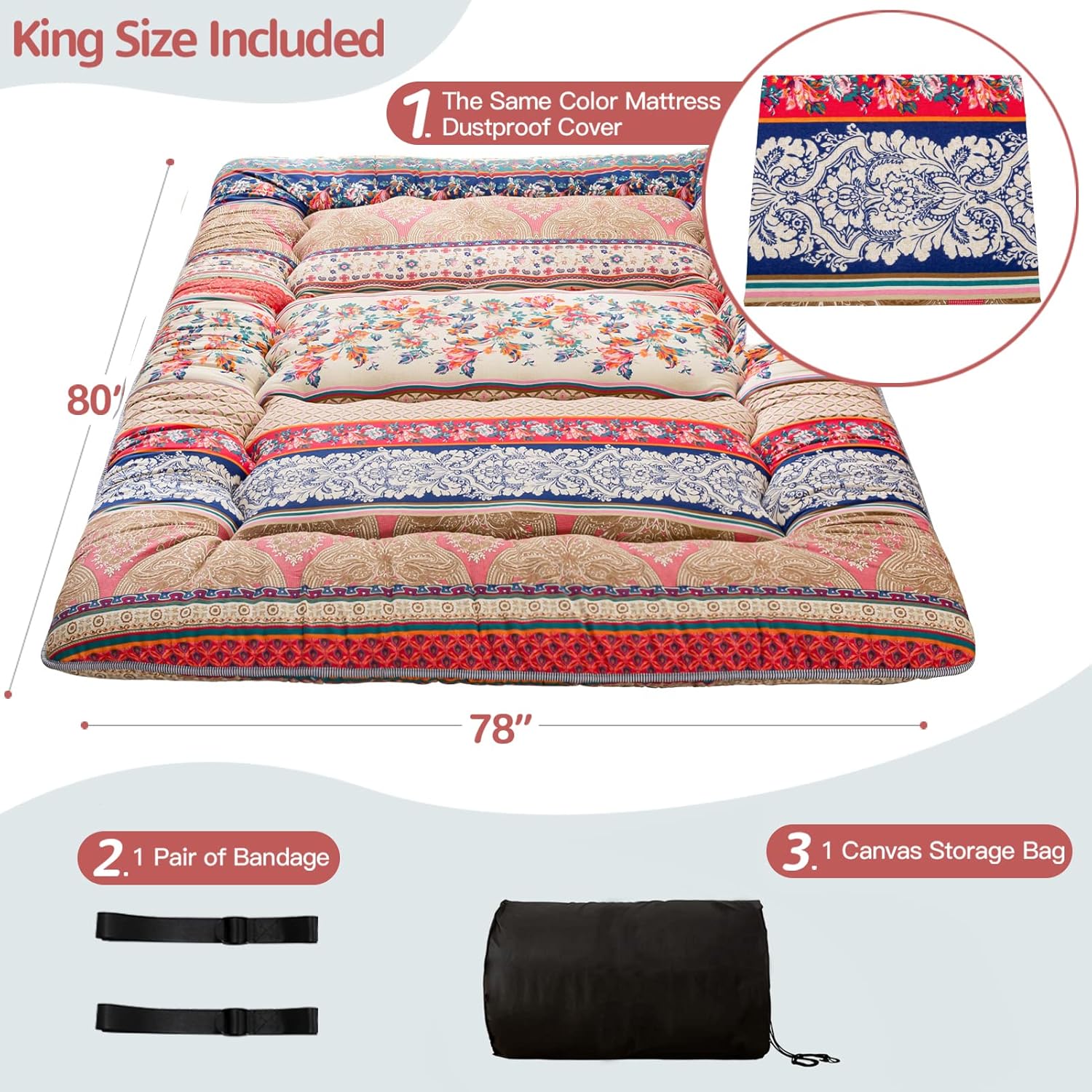 Thumbnail 1 de MAXYOYO Bohemian Retro King Size Floor Mattress (Japanese Futon) — Roll-Up Portable Camping Mat