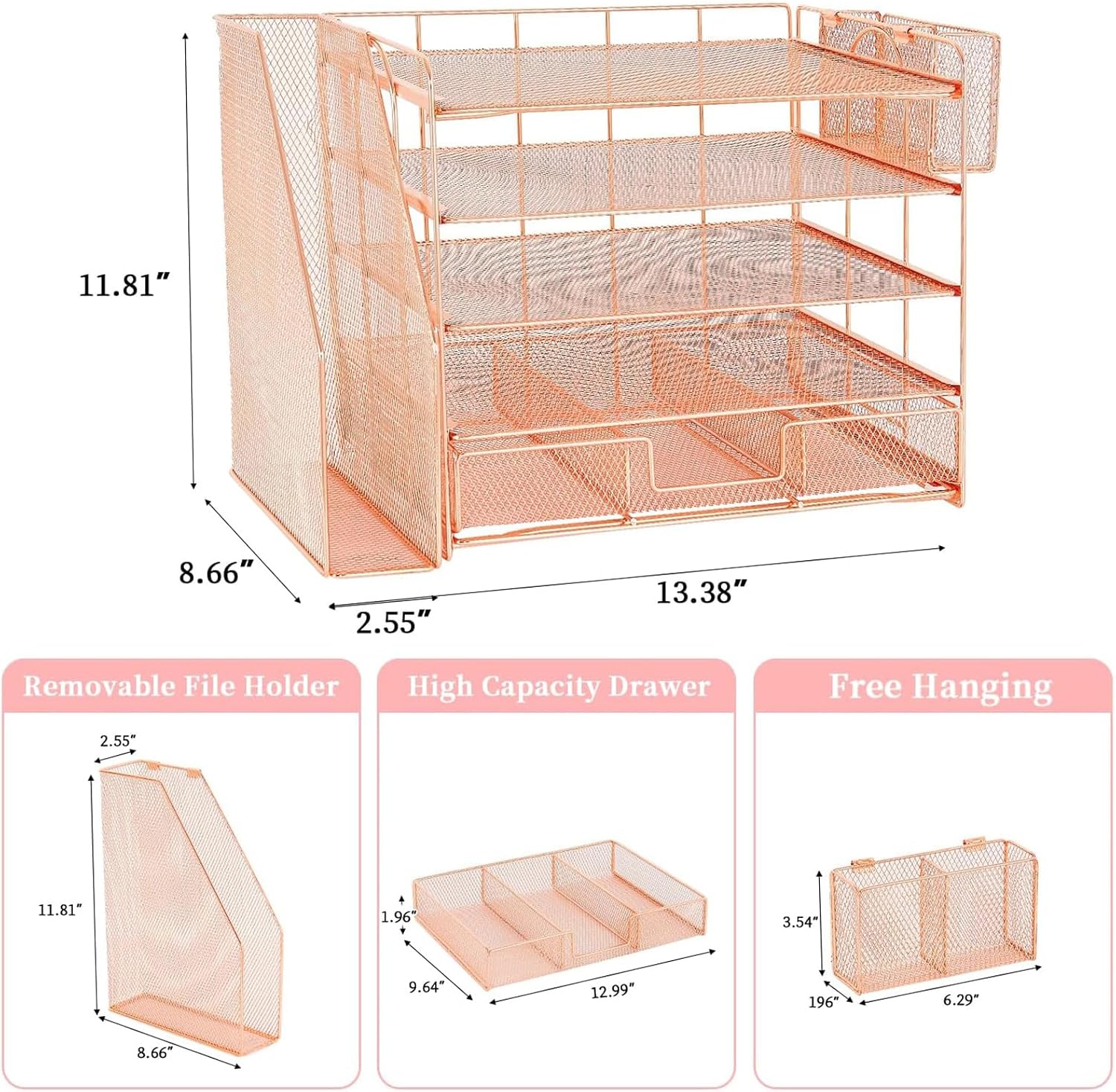 Detalle 1 de Gugsey 5 Tier Desk Organizer, Rose Gold Metal File Holder with Drawer