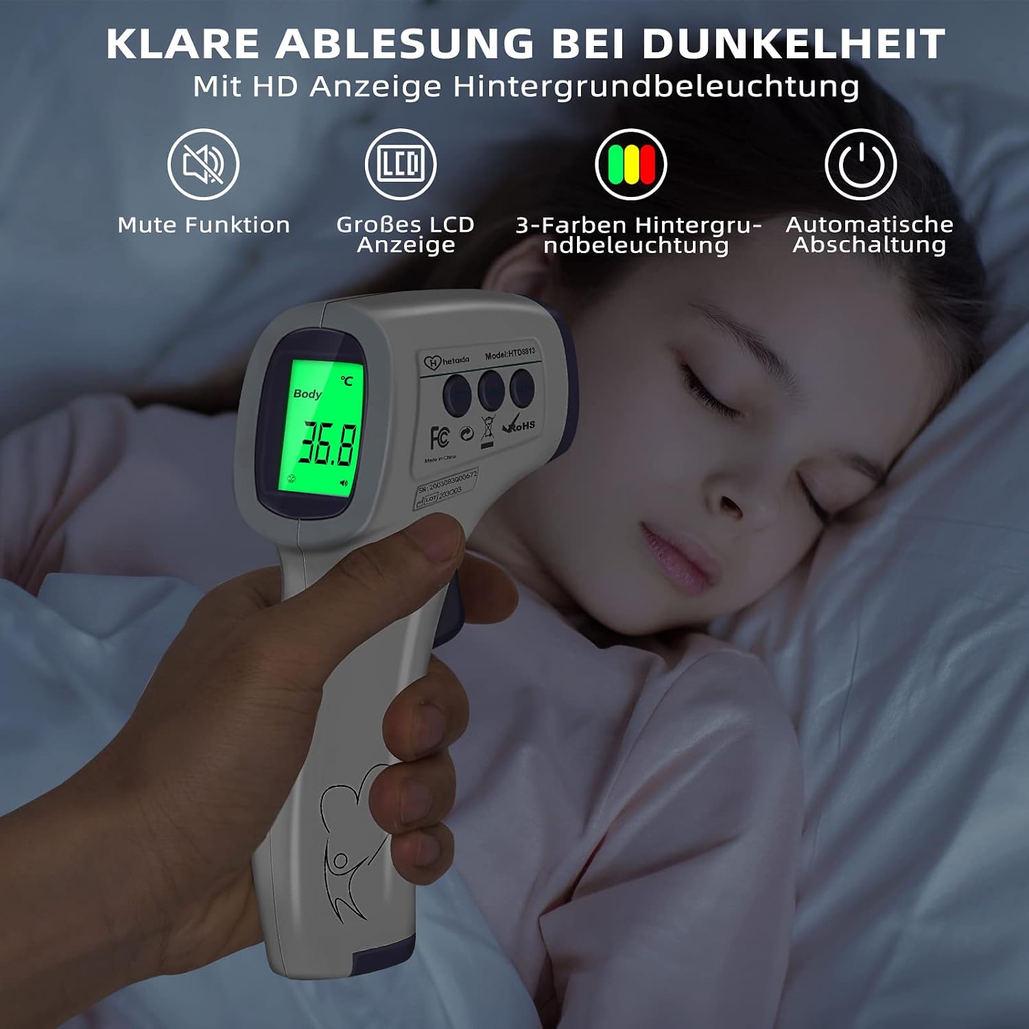 Thumbnail 6 de hetaida Fieberthermometer kontaktloses Infrarot-Stirnthermometer für Baby, Kinder & Erwachsene – mit Fieberalarm, LCD & 50 Speicherplätzen