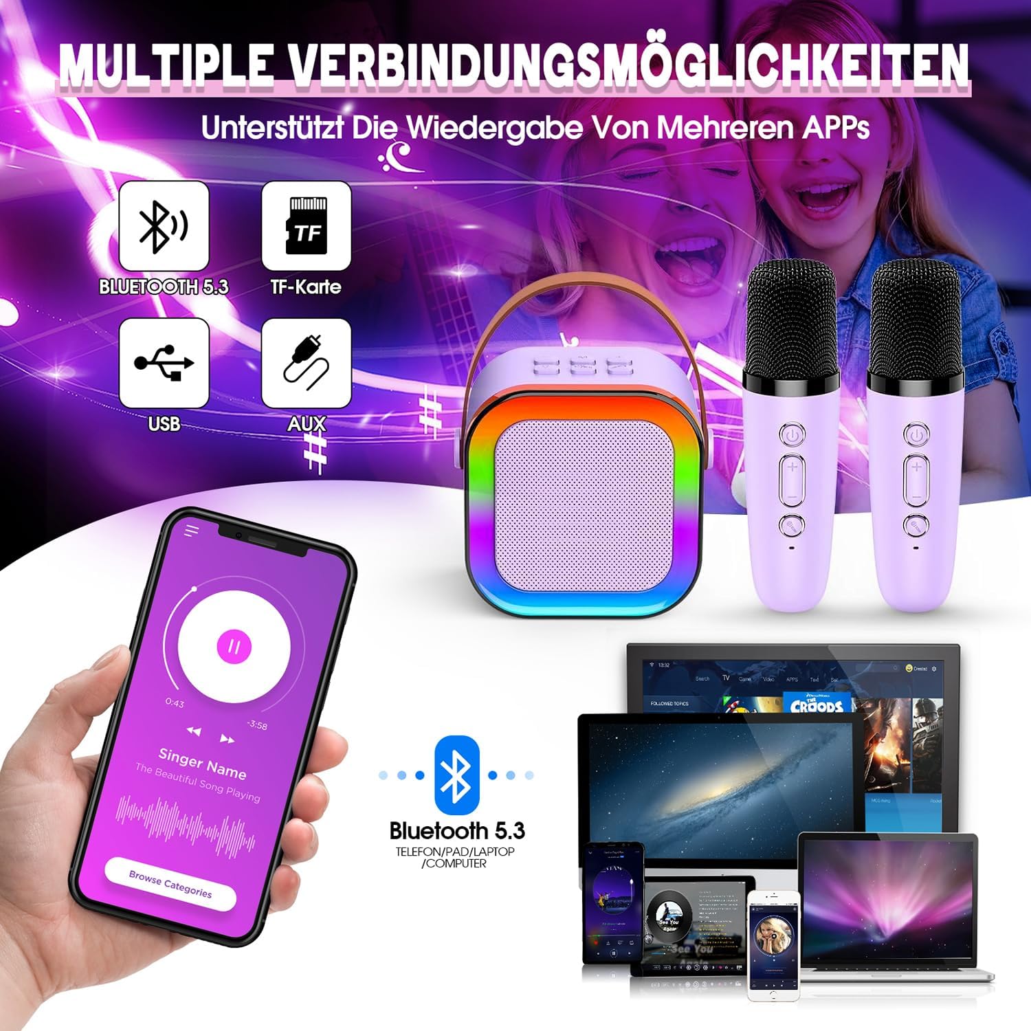 Thumbnail 1 de Dislocati Karaoke-Maschine für Kinder mit 2 Mikrofonen – Bluetooth, LED-Lichter und Sprachverwandlung