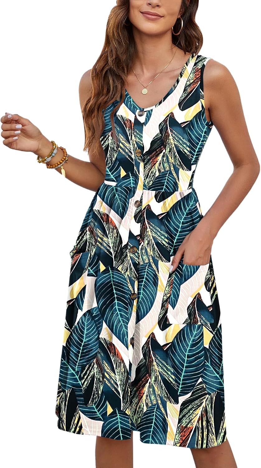 Detalle de MOLERANI Damen Sommerkleid Ärmellos – Midikleid mit Taschen, V-Ausschnitt, lockerem Swing-Look