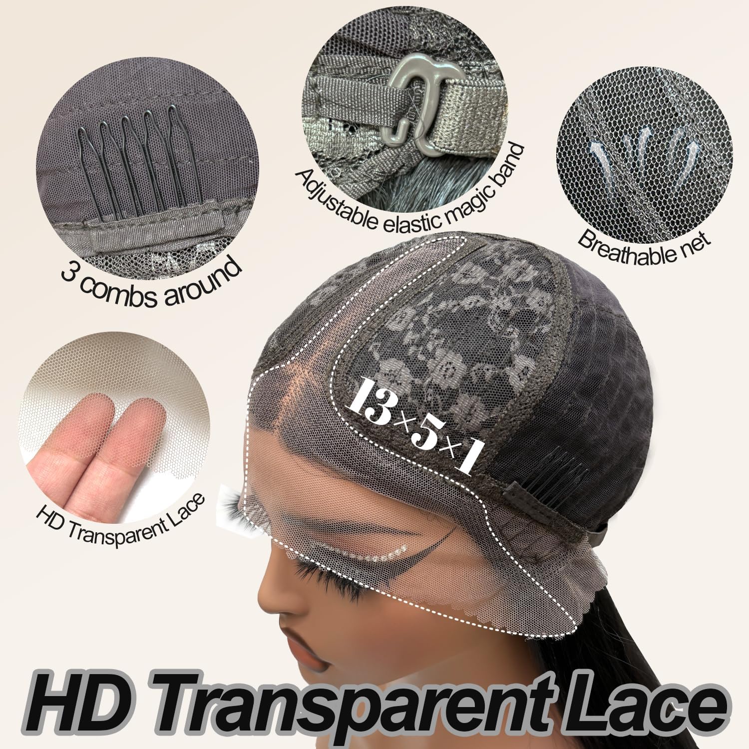 Detalle de Glueless Synthetic Lace Front Wig 26 Inches – 13x5x1 HD Lace, Natural Black (#1B) for Black Women