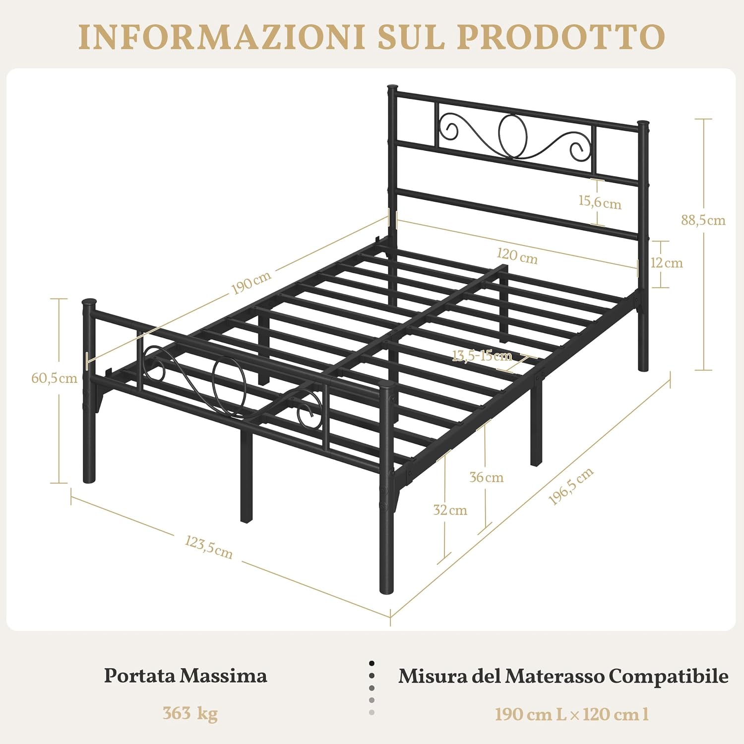 Thumbnail 1 de Yaheetech Struttura Letto Matrimoniale in Ferro Battuto 120 × 190 cm con Testiera e Pediera Nero