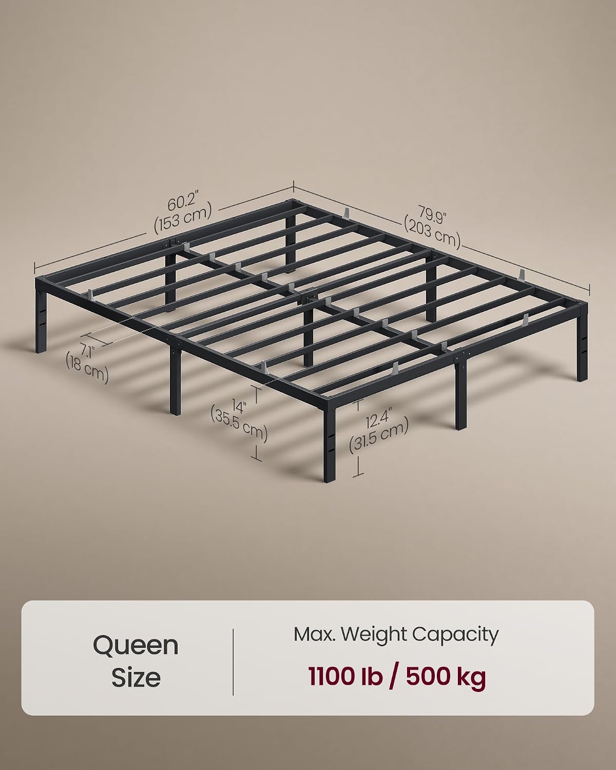Detalle 2 de VASAGLE URMB651BD02 Queen Metal Bed Frame, 14-Inch Platform with Storage