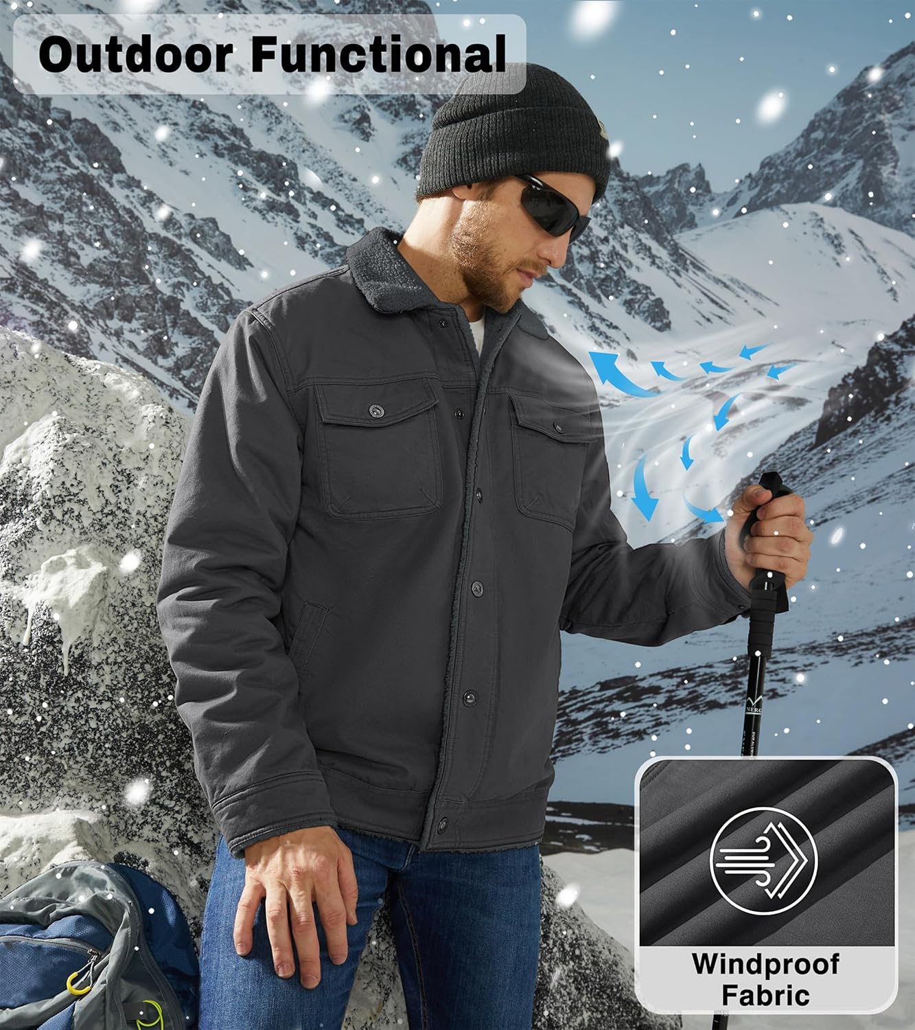 Detalle 1 de EKLENTSON EK-464 Men's Fleece-Lined Cotton Cargo Jacket, Five Pockets