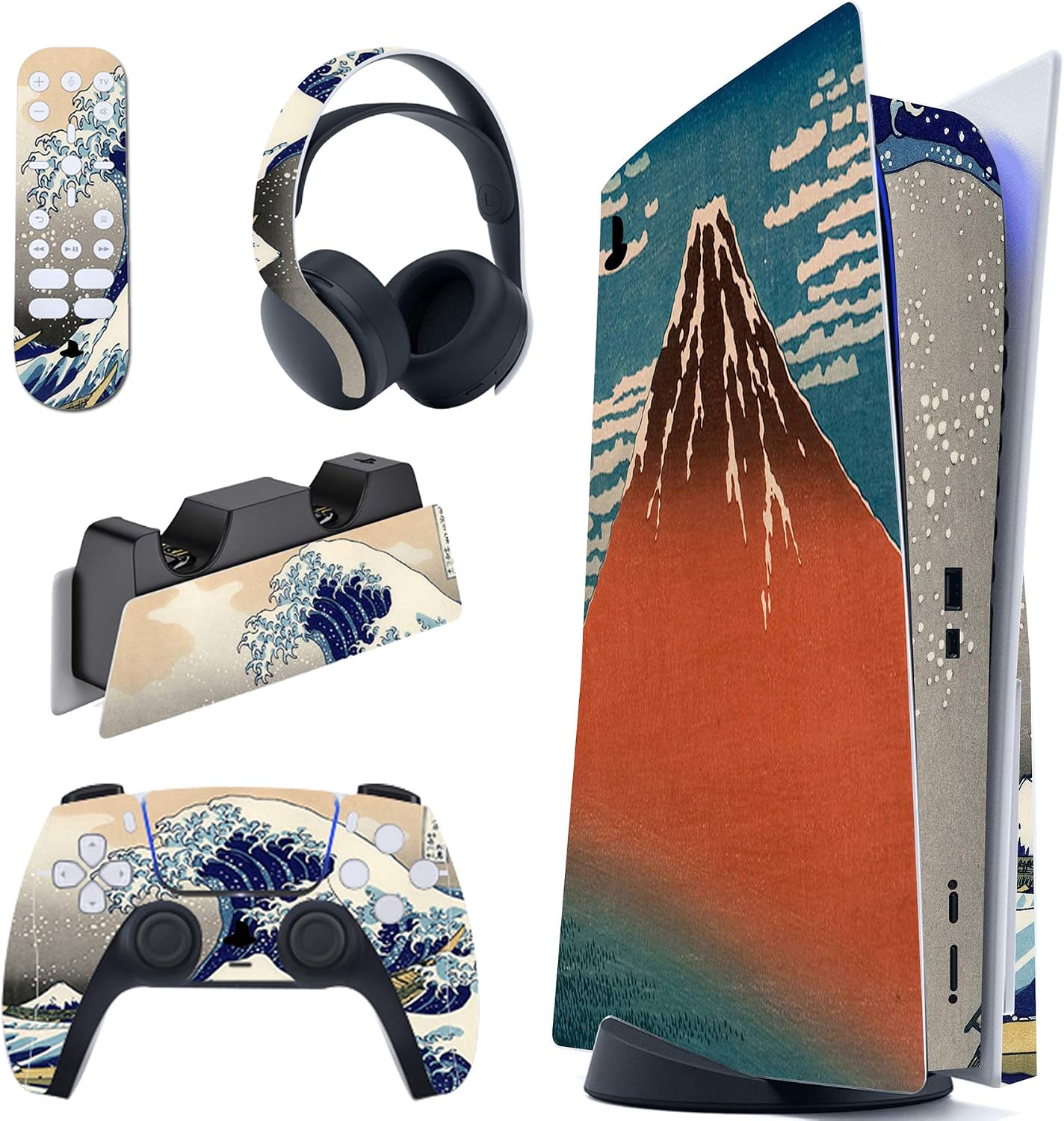 Detalle de PlayVital The Great Wave Full Set Skin Decal for PS5 Disc Edition – Vinyl Stickers for Console, Controller, Charging Station, Headset and Media Remote