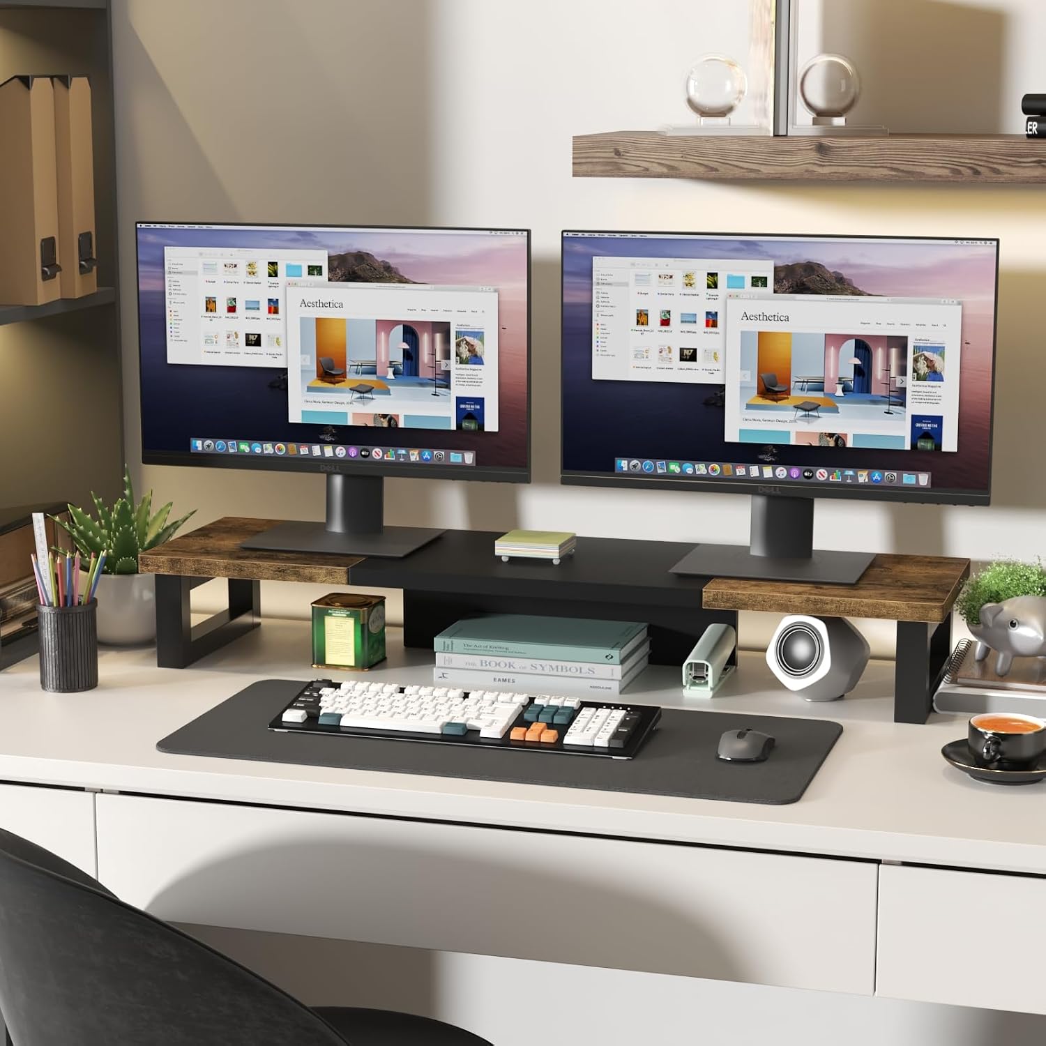 Detalle 1 de WESTREE Dual Monitor Riser Stand, Large Rustic Brown Wood Desktop Shelf