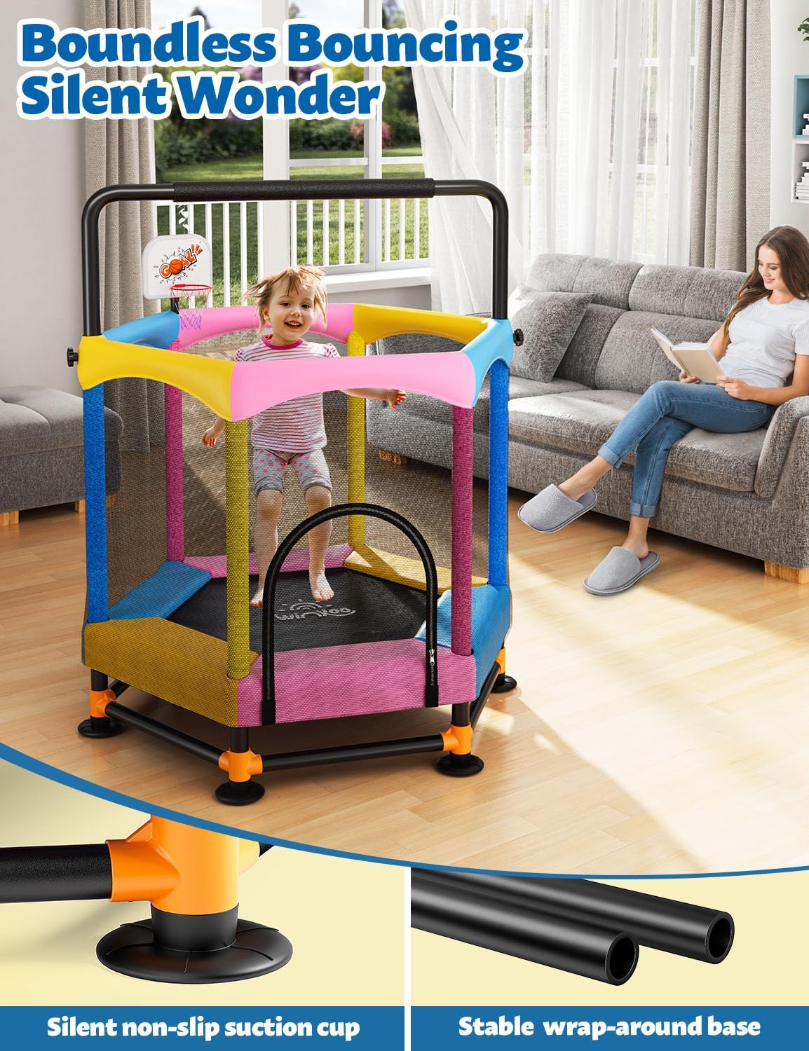 Thumbnail 4 de Twinkoo 60-Inch Trampoline for Kids with Safety Enclosure, Adjustable Gymnastics Bars, and Basketball Hoop