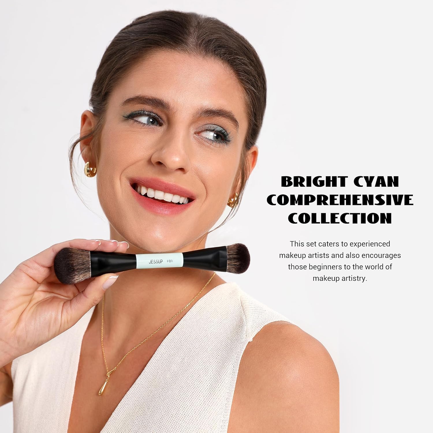 Detalle de Jessup Profi Duo-End Makeup Pinselset (10-tlg.) für Gesicht & Augen – Hellcyan T500