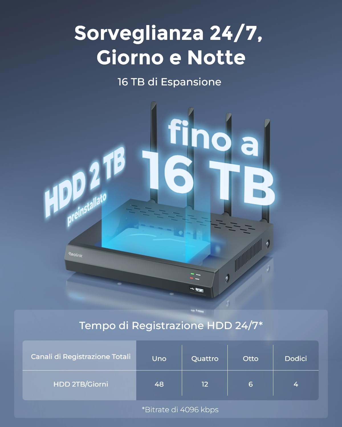 Detalle de Reolink RLN12W: NVR 4K 12CH con Wi‑Fi 6 e HDD integrato da 2TB