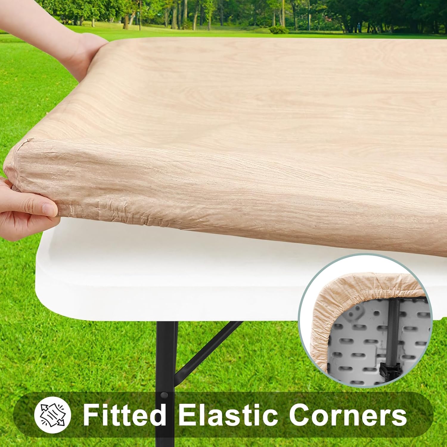 Thumbnail 1 de Smiry Rectangle Table Cloth Cover (Beige Wood) Waterproof Elastic Fitted Vinyl for 6-Foot Tables, 30" x 72