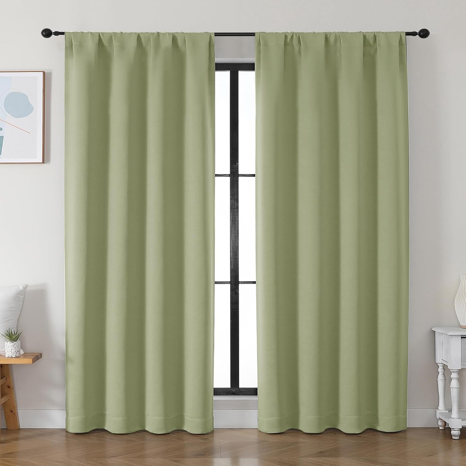 Detalle de Simplebrand Ava Sage Green Blackout Curtains (84 Inch Length, 2 Panels Set) — Thermal Insulated Privacy Drapes