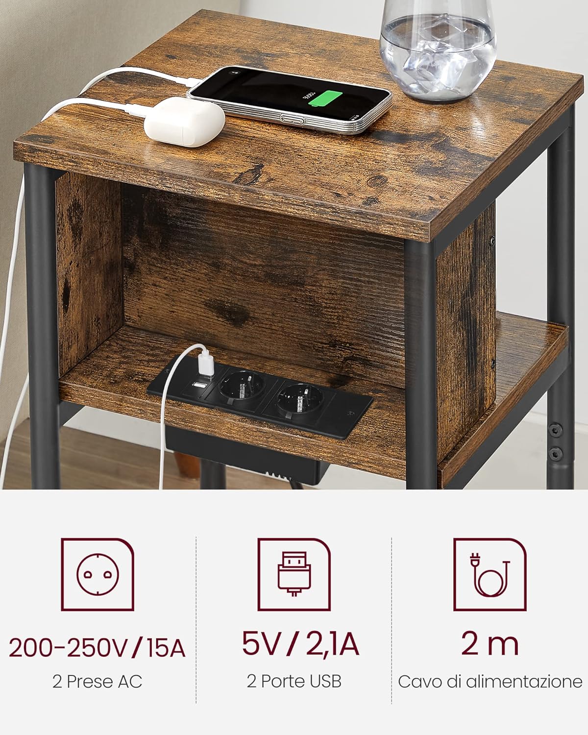 Detalle 2 de VASAGLE LET375B01 comodino con multipresa 30×34×58 cm