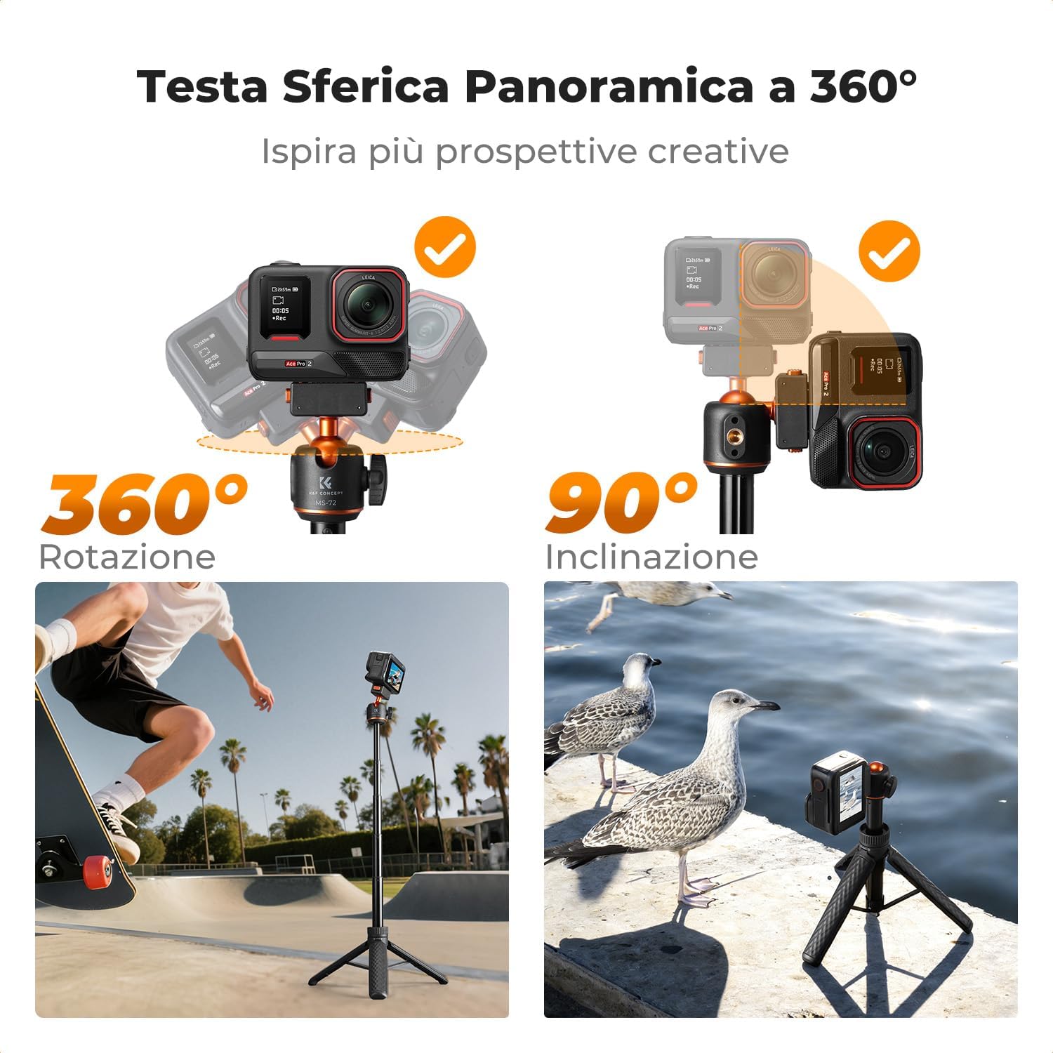 Detalle de K&F CONCEPT Treppiede magnetico a sgancio rapido per Insta360 X5/Ace Pro 2: stabilità e versatilità in un corpo leggero