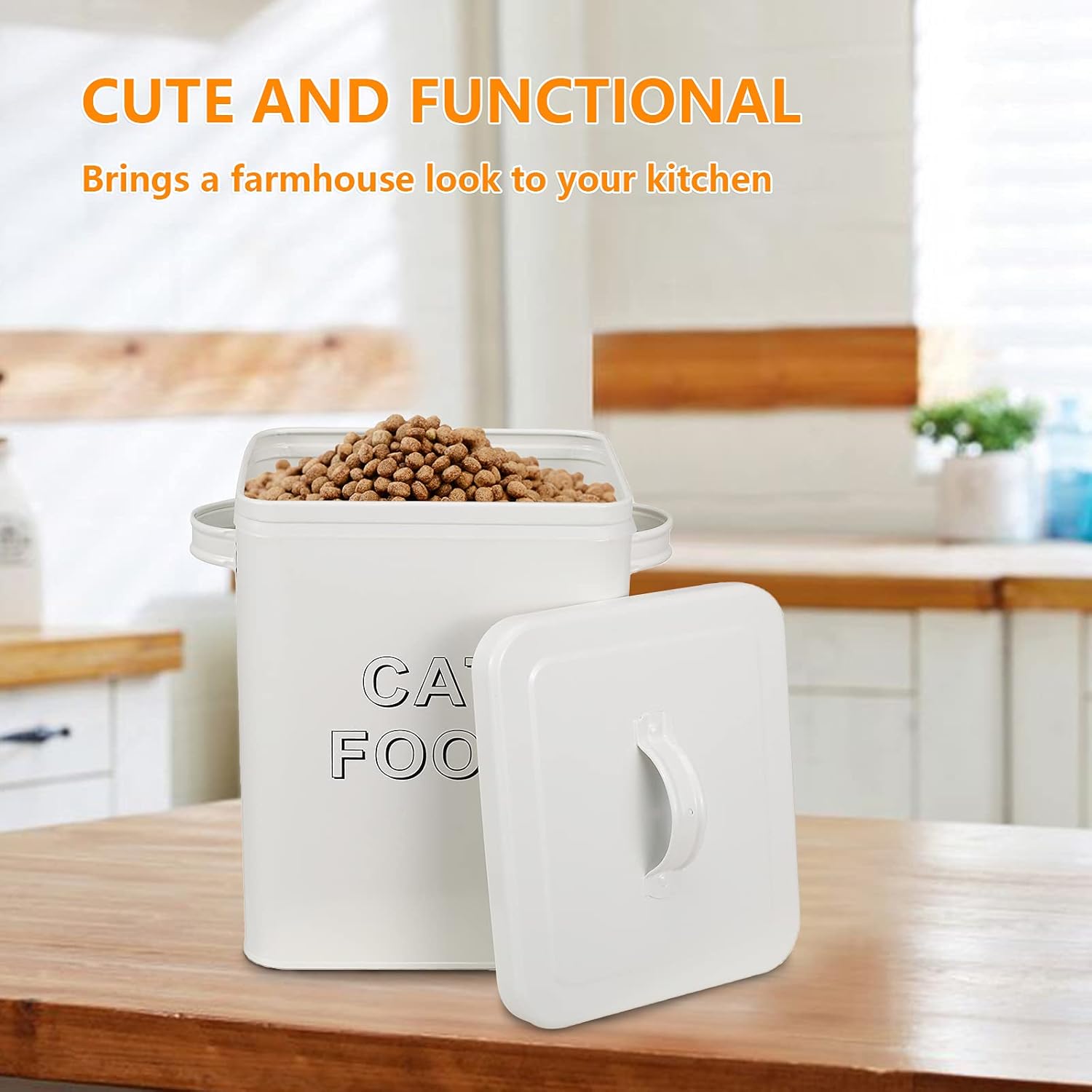 Detalle de Farmhouse cat food storage tin with lid & scoop (5 lb capacity) – vintage-style steel canister for dry food