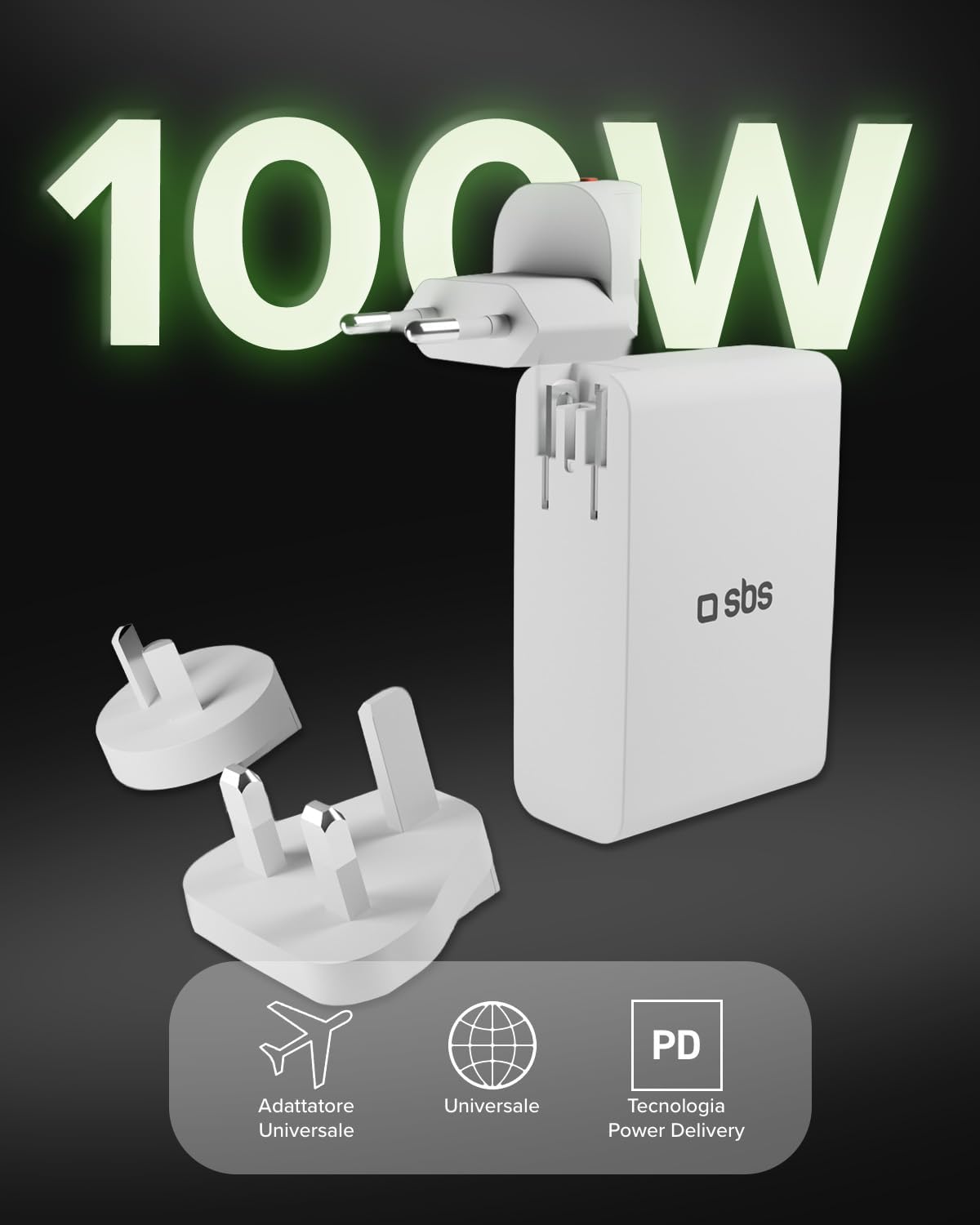 Detalle de SBS Travel Adapter USB-C 100W: caricatore da viaggio tutto-in-uno con adattatori US/UK/EU/AU