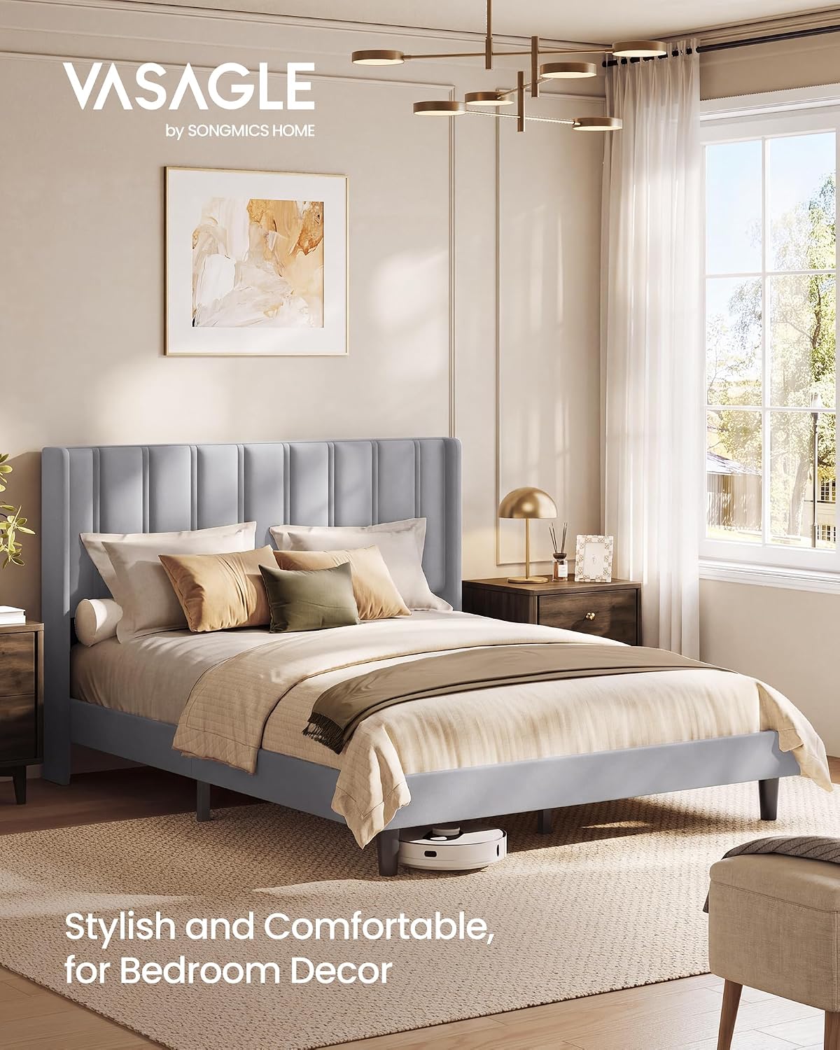 Detalle de VASAGLE URMB681G101 Queen Bed Frame, Velvet Wingback Headboard, Dove Gray