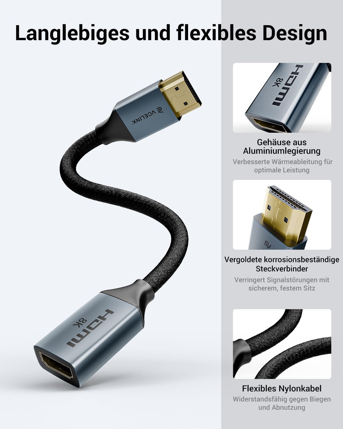 Thumbnail 5 de VCELINK HDMI 2.1 Verlängerungskabel 18 cm (8K@60Hz, 4K@120Hz) – Männlich auf Buchse