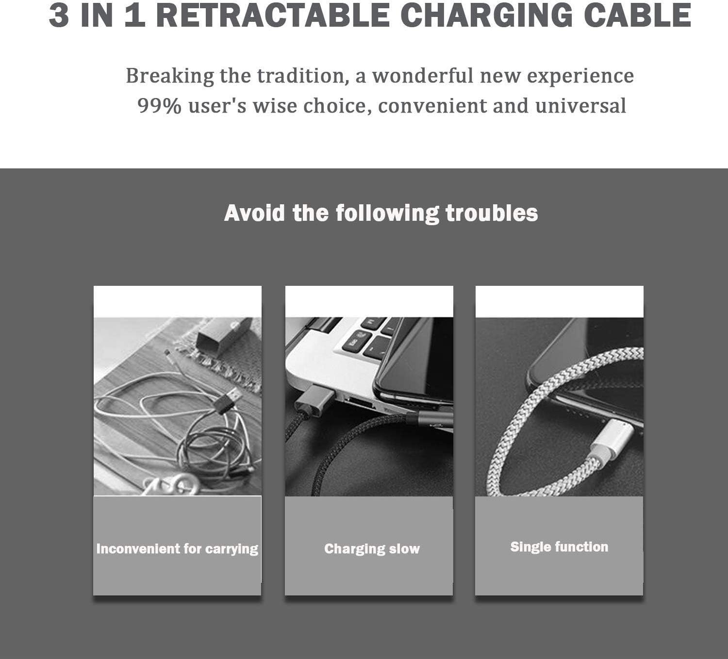 Thumbnail 5 de Amuvec Multi Retractable 3-in-1 Charging Cable (3A, 1m, 2 Pack) with iP/Micro USB/Type-C connectors