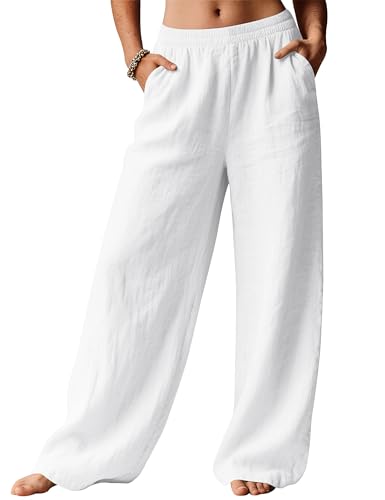 Detalle de Rapbin Summer Trousers for Women – Lightweight Linen-Blend Wide-Leg Pants (White)