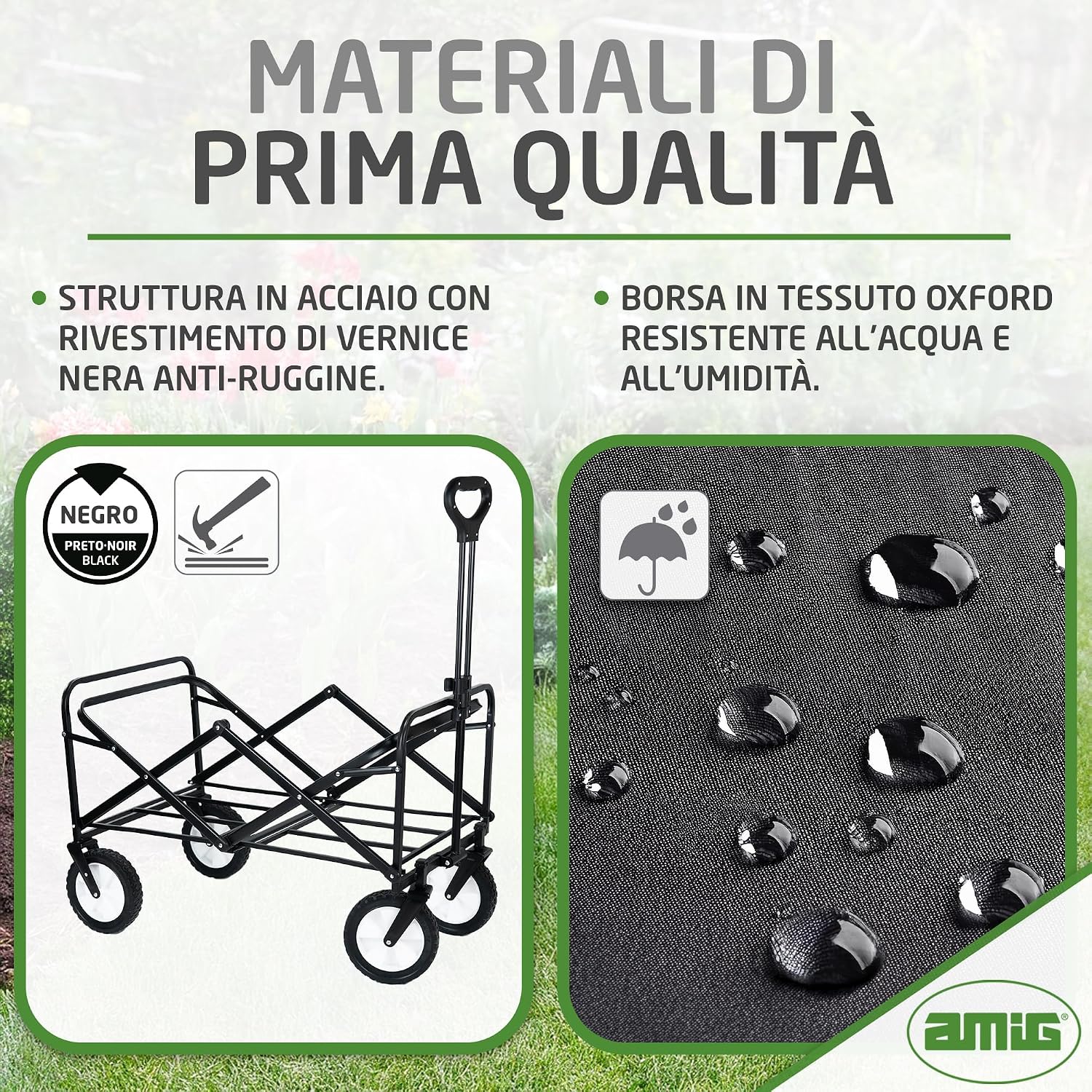 Detalle 2 de Amig Carrello da Giardino Pieghevole in Tessuto Oxford Impermeabile con Ruote da 20 cm – Nero