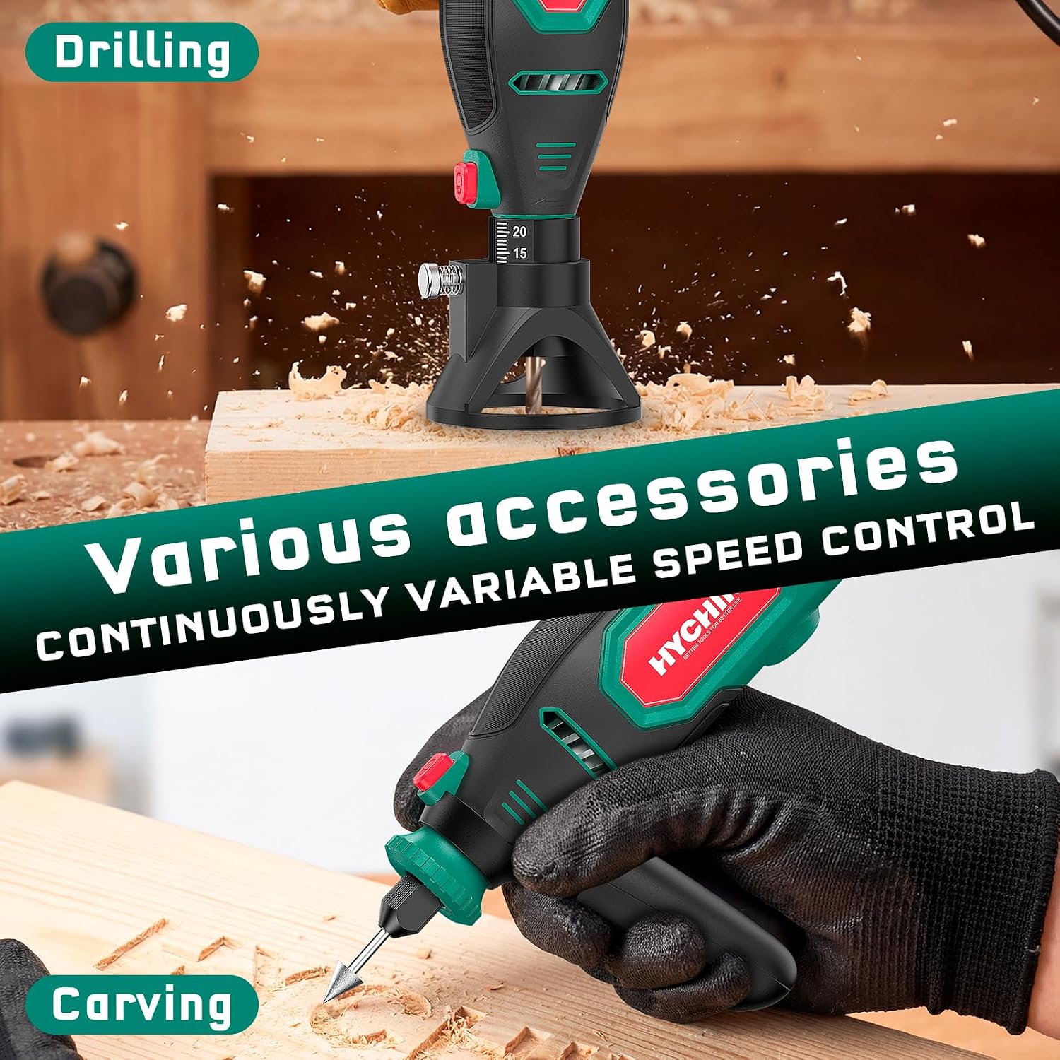 Detalle de HYCHIKA Rotary Tool Kit with Chainsaw Sharpener – 150W, 7-Speed, 167 Accessories