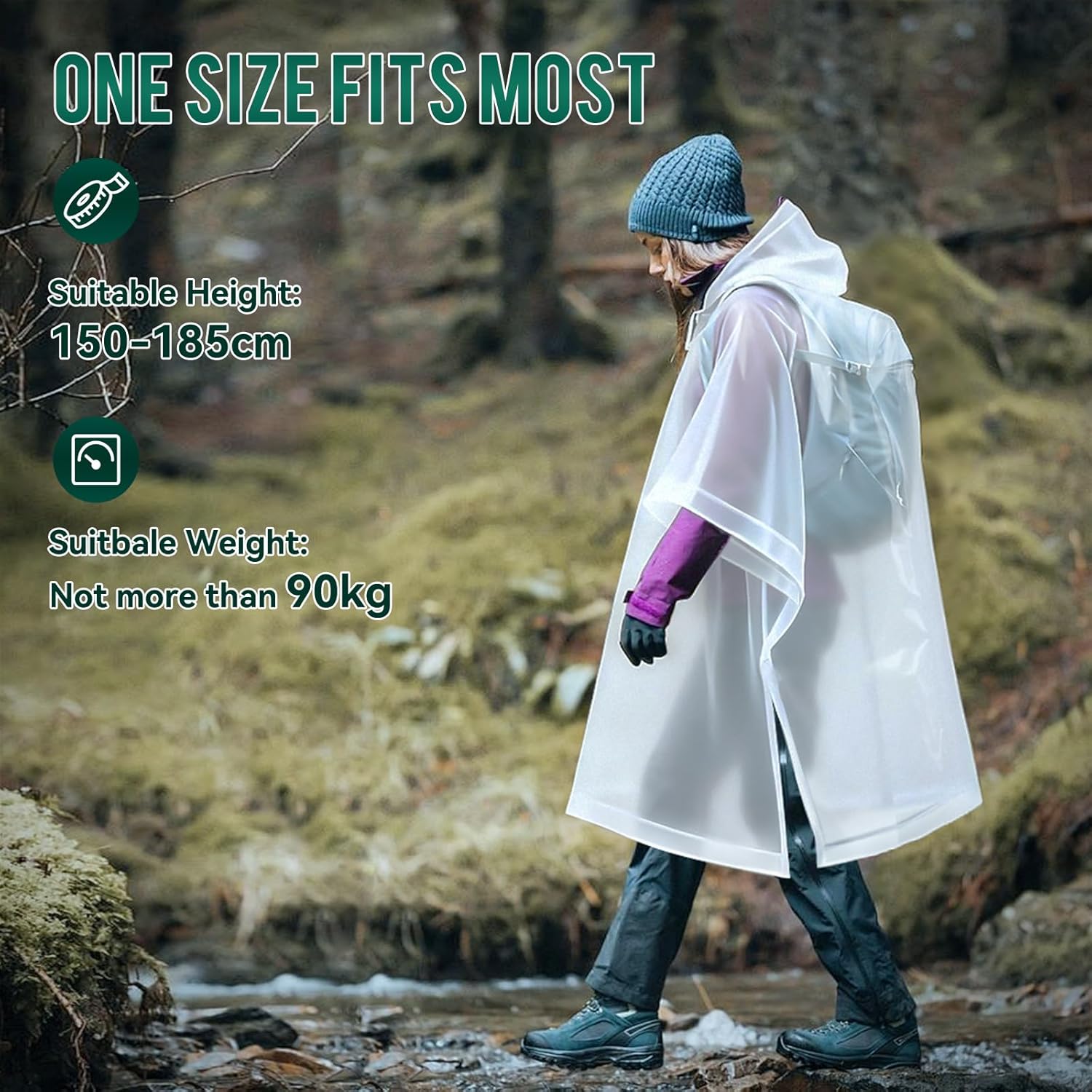 Detalle 2 de Aolegoo 2 Stück Regenponcho aus EVA – Wiederverwendbare Unisex Regencapes, wasserdicht und tragbar