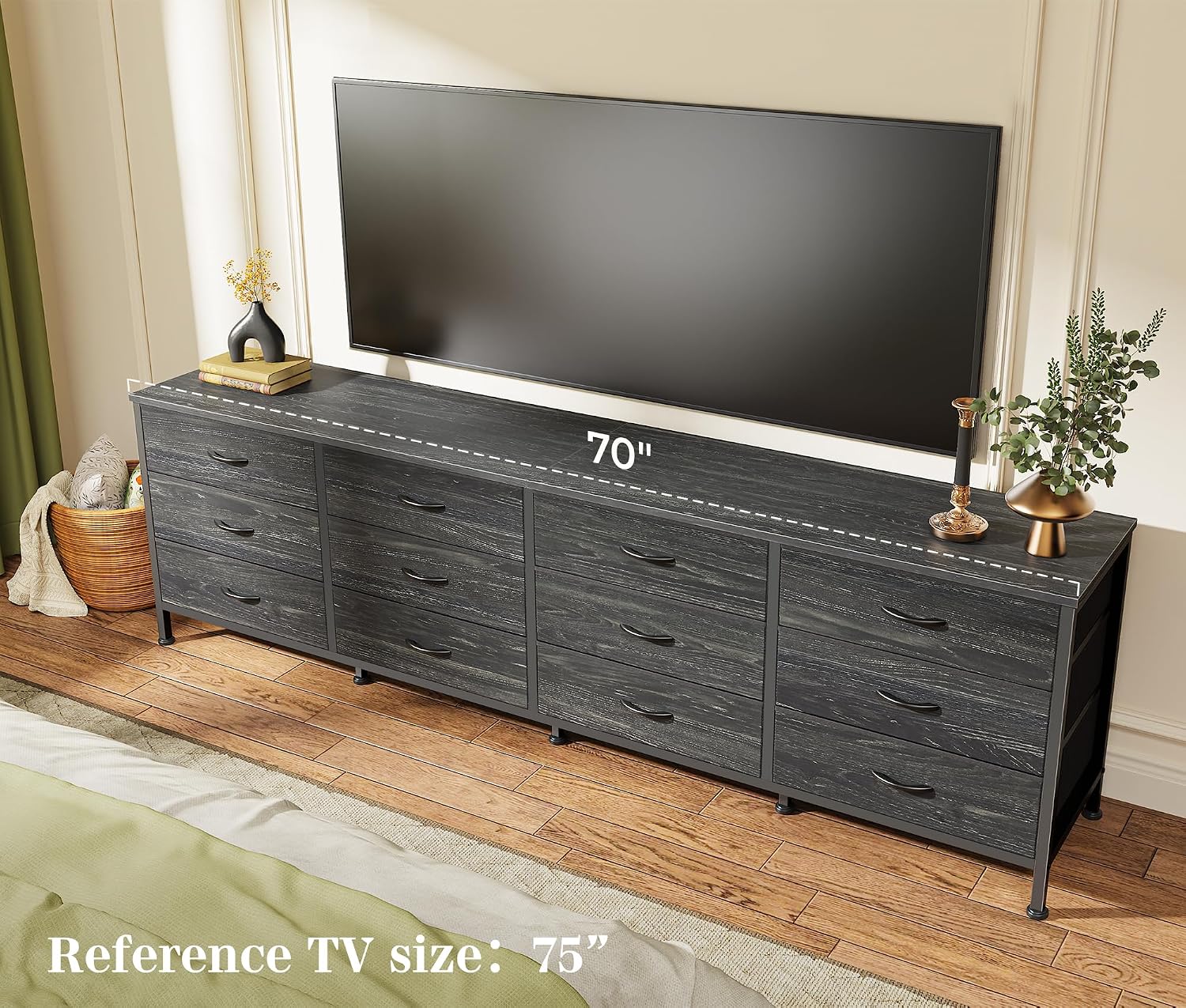 Thumbnail 1 de Huuger 70 Inch Dresser with 12 Fabric Drawers (Charcoal Black Wood Grain) — TV Stand for Up to 80 Inch Screens