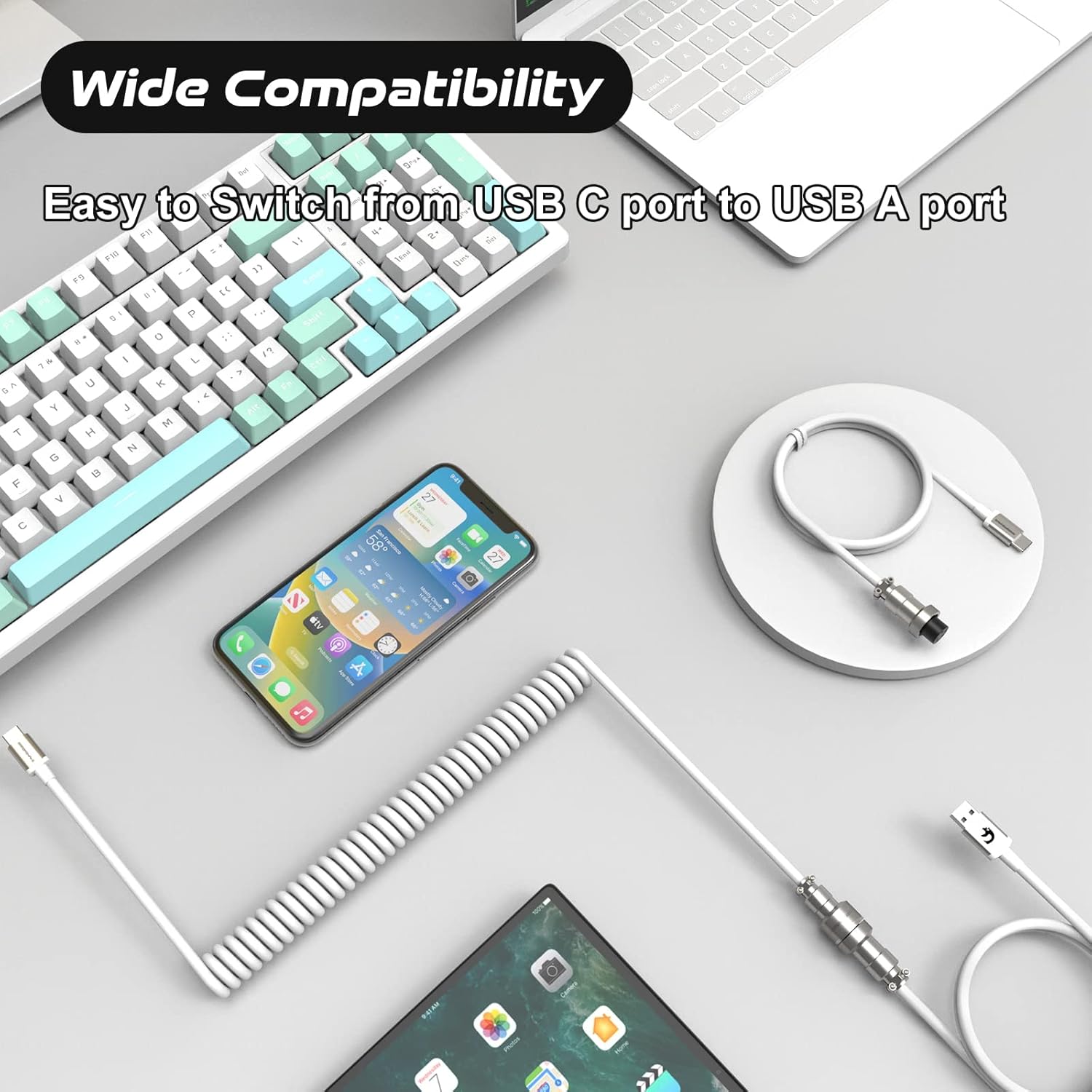 Detalle de ZIYOU LANG 2 in 1 Custom Coiled USB C to A and C Cable with Detachable Extendable Double Sleeve Spiral, Aviator Connector (White)