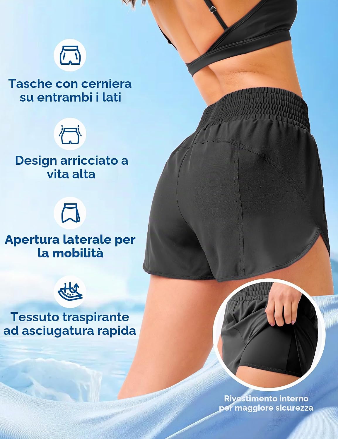 Detalle de Yogaration Pantaloncini Palestra Donna: shorts running con tasche zip, comfort high-fit per allenamento