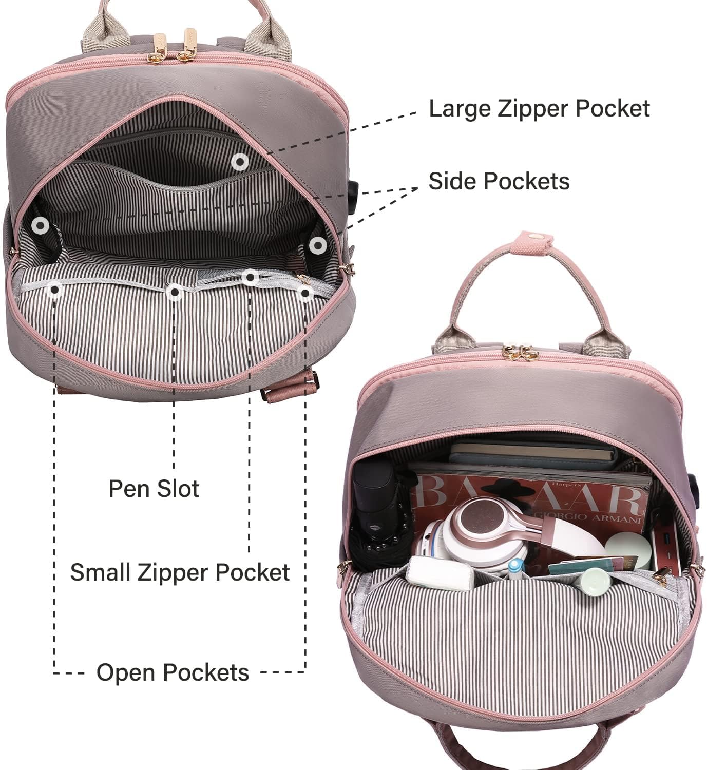 Detalle de LOVEVOOK Women's 15.6 Inch Laptop Backpack – Water-Resistant, USB Port, Grey & Pink