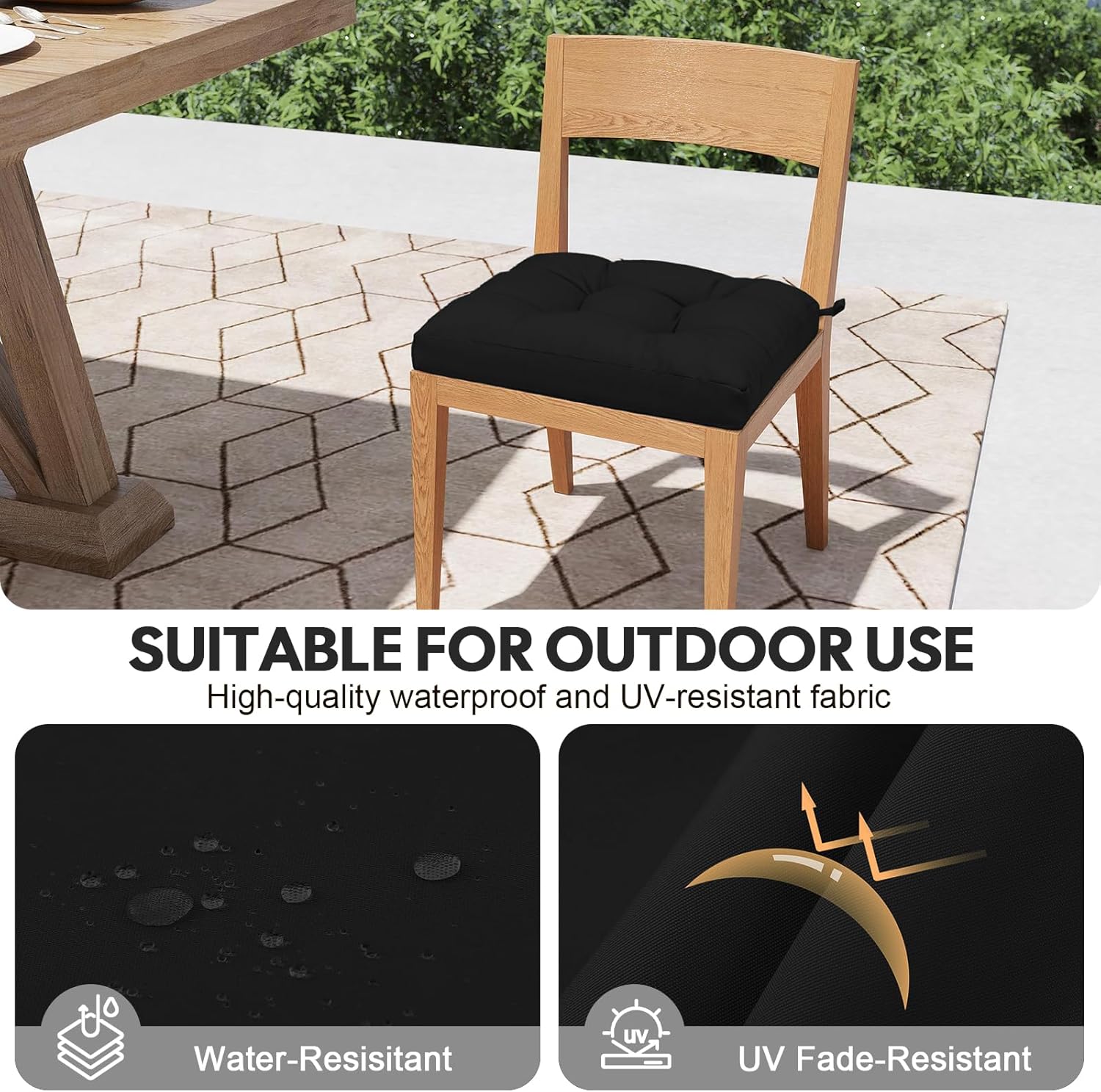 Thumbnail 4 de PRIMEPATIO Outdoor Garden Chair Cushions Set of 2 – 40 x 40 cm, 8 cm Thick, Waterproof with Ties (Black)