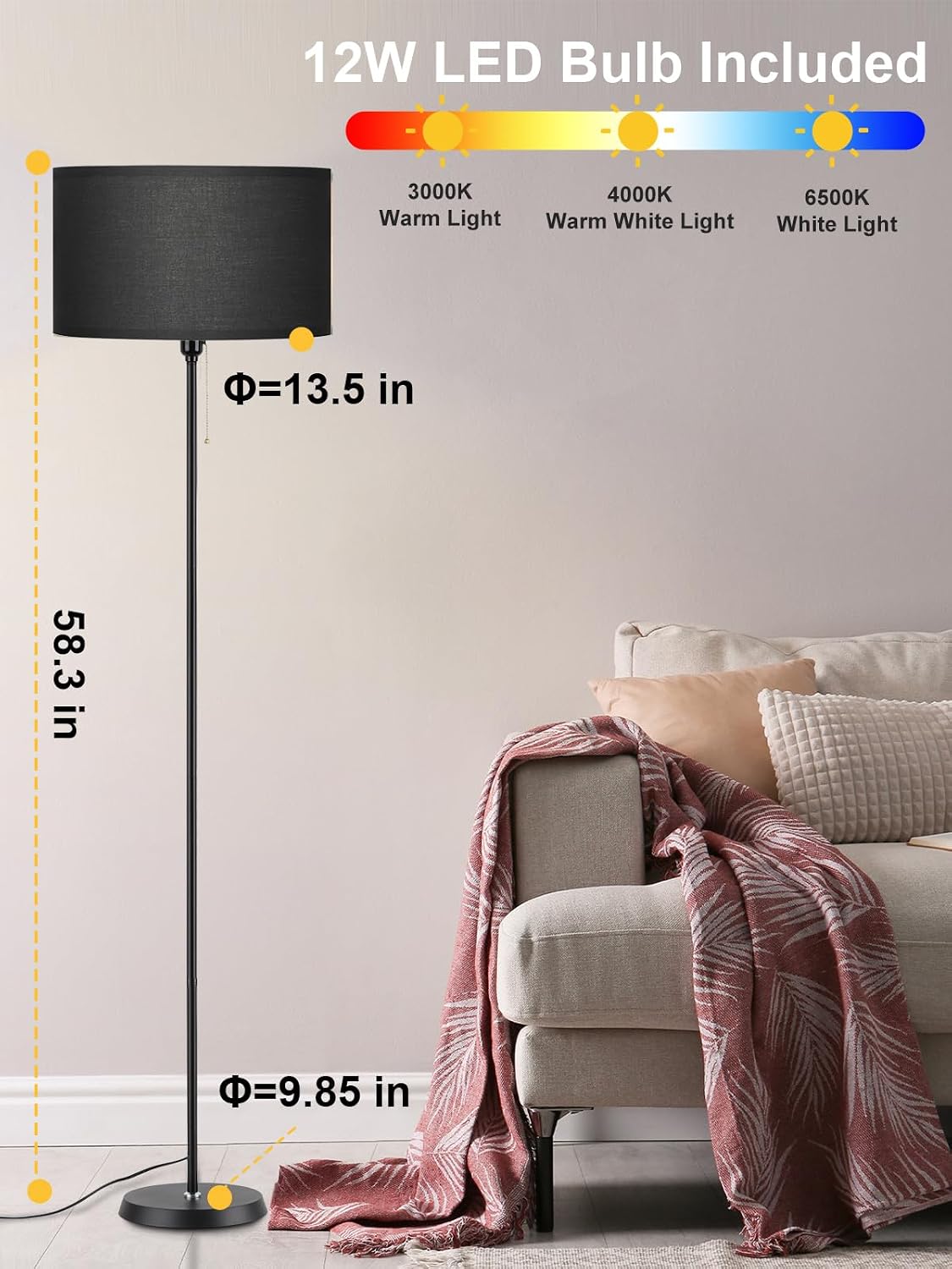 Detalle de AoMck AM33-B Farmhouse Floor Lamp with Black Linen Shade and 3-Colour LED