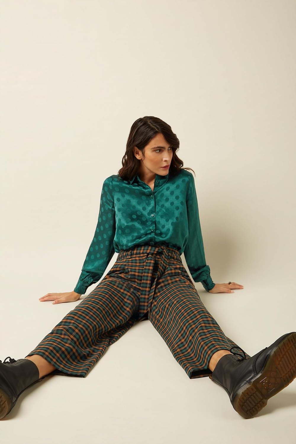 Detalle de King Louie Damen Hose AVA Pants Brook Check – Karomuster, Wide-Leg mit Bindegürtel