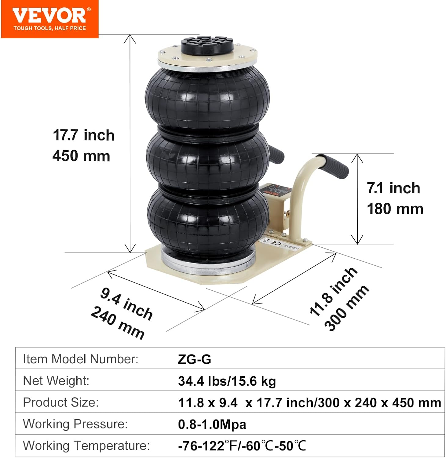 Thumbnail 6 de VEVOR Cric pneumatique à triple coussin d’air – 3 tonnes, levage 140–450 mm, 5 secondes