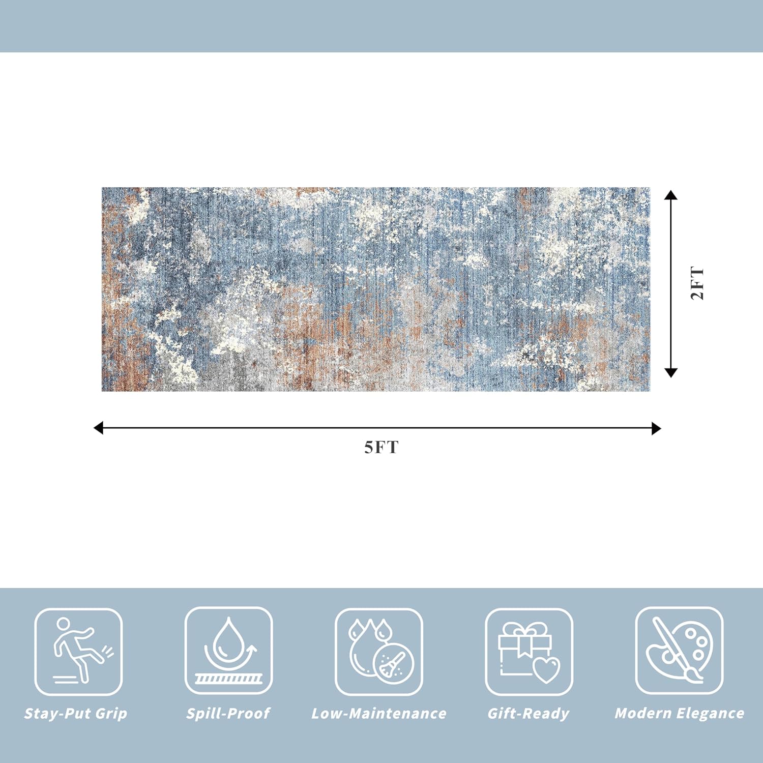 Detalle de 2x5 Washable Non-Slip Rug Runner in Blue Rust — Abstract, Low-Pile Comfort