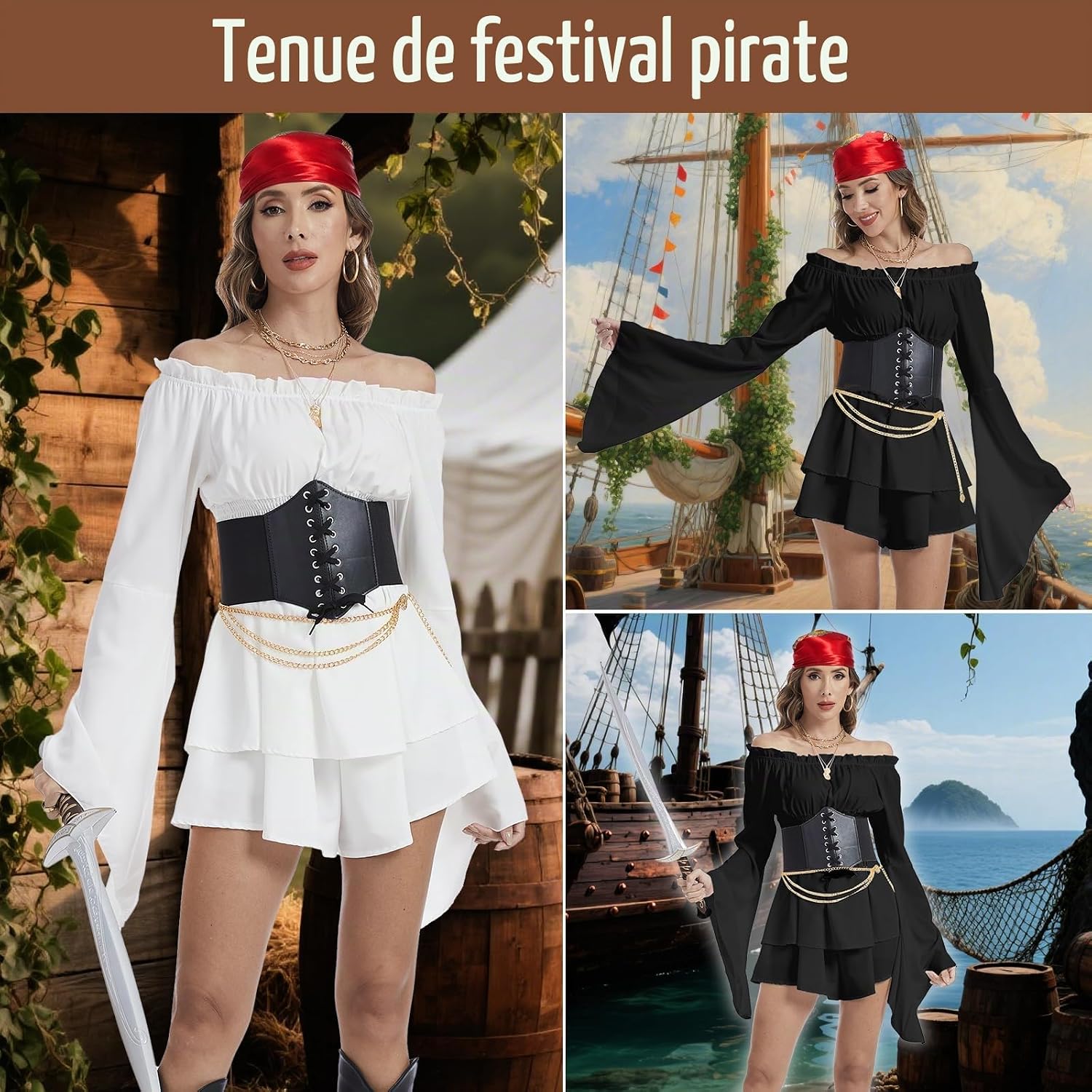 Thumbnail 6 de AJGEGJE piratenkostuum voor dames met schoudervrije jurk en korset