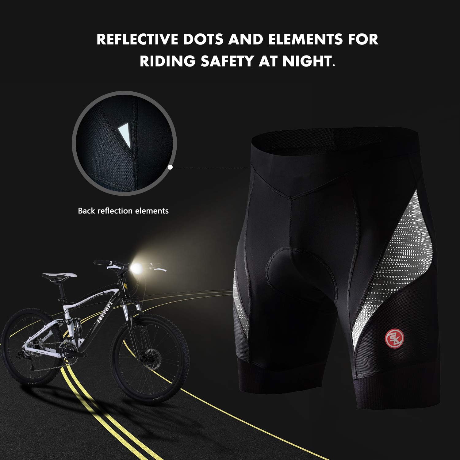 Detalle 2 de Souke Sports men’s 4D padded cycling shorts with moisture-wicking fabric and reflective safety details