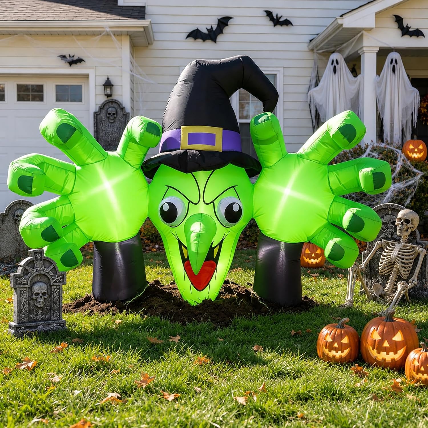 Detalle de enlik 6FT Halloween Inflatable Witch with LED Lights and Reaching Hands