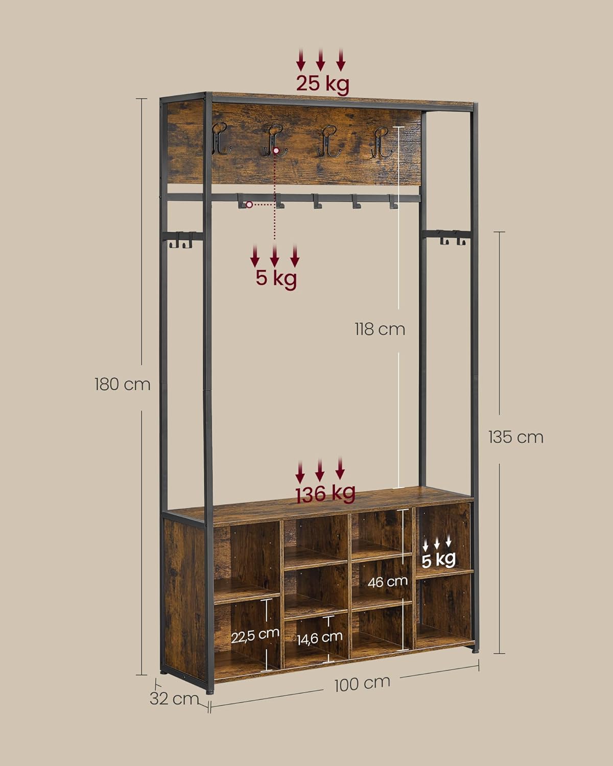 Thumbnail 5 de VASAGLE HSR432K01 : porte-manteau meuble d’entrée 4-en-1 avec étagères à chaussures et banc