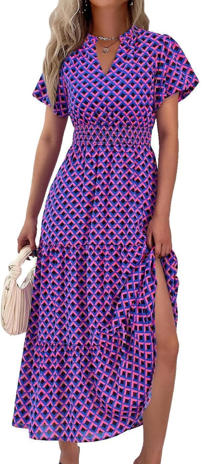 Detalle de MASCOMODA Summer Maxi Dresses for Women (2026) Floral V-Neck Smocked Puff Sleeve Boho Long Dress