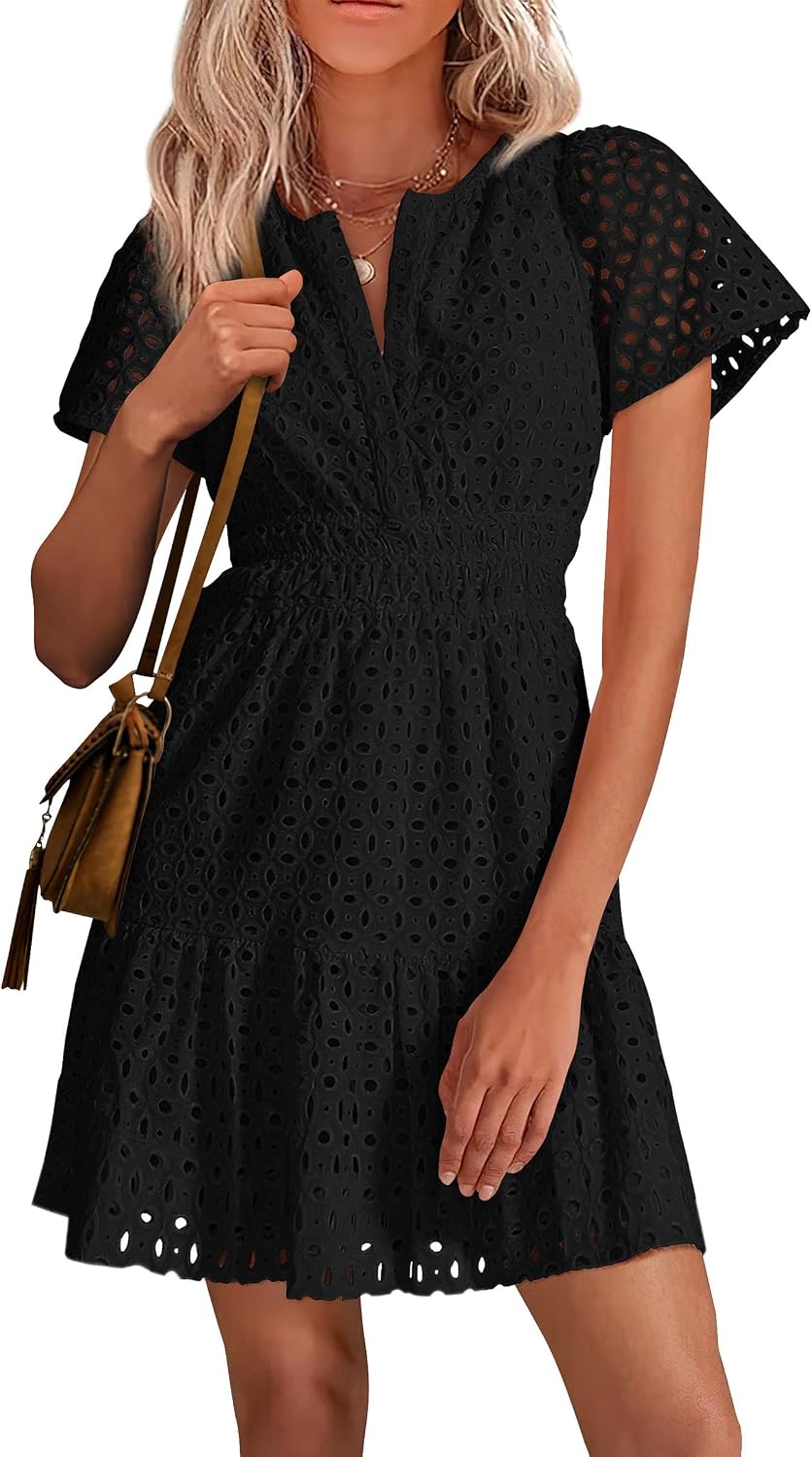 Detalle de PRETTYGARDEN Women's 2026 Summer Short Dress: V-Neck, Lace Hollow Out A-Line