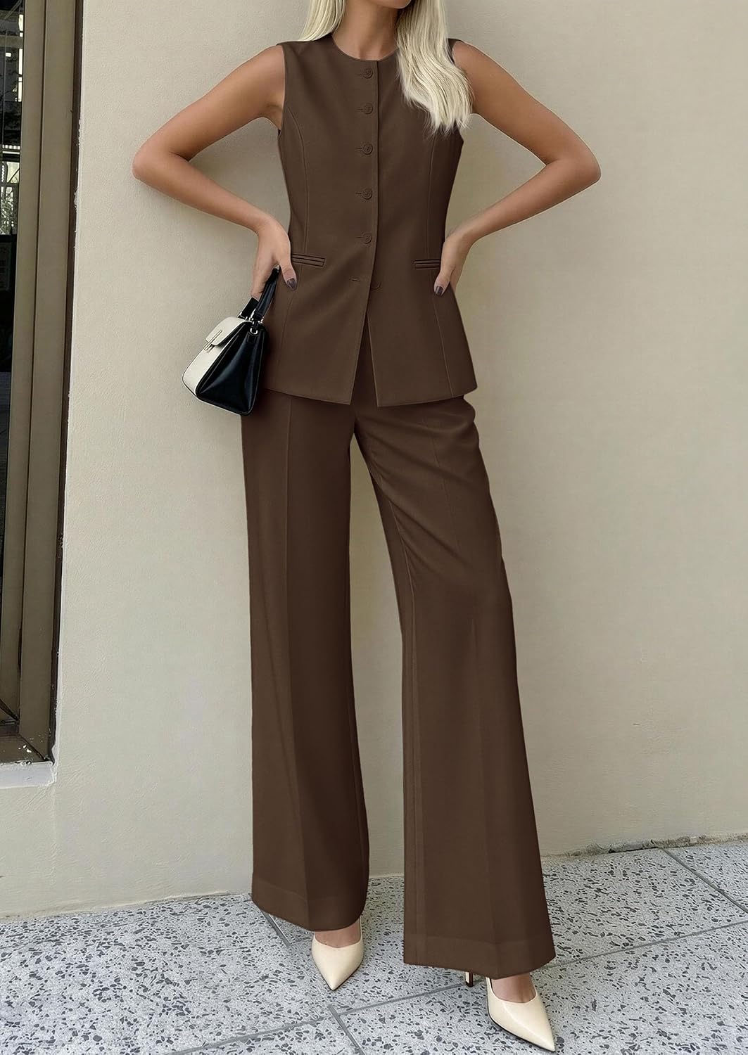 Thumbnail 5 de PRETTYGARDEN Women's 2-Piece Sleeveless Blazer Vest & Wide-Leg Pants Set