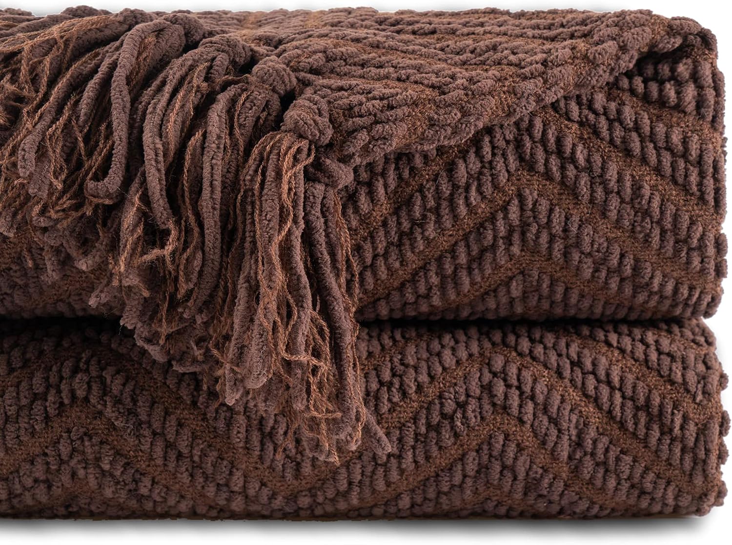 Detalle de Battilo Dark Brown 50"x60" Knit Throw Blanket with Chevron Pattern and Tassels